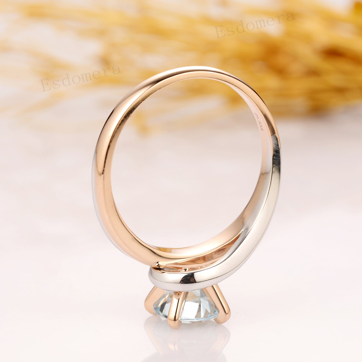 Two Tone Gold Aquamarine Ring, 1.5CT Round Aquamarine Solitaire Engagement Ring