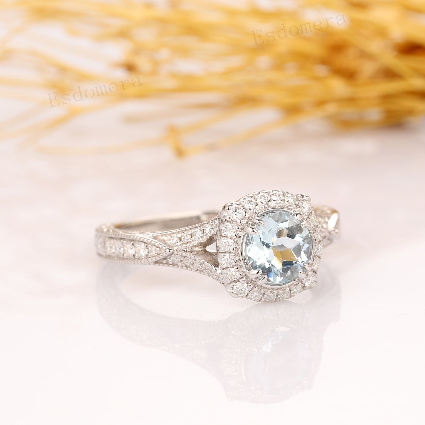 Round Cut 1CT Aquamarine, 14k White Gold Wedding Ring, Engagement Ring, Halo Ring