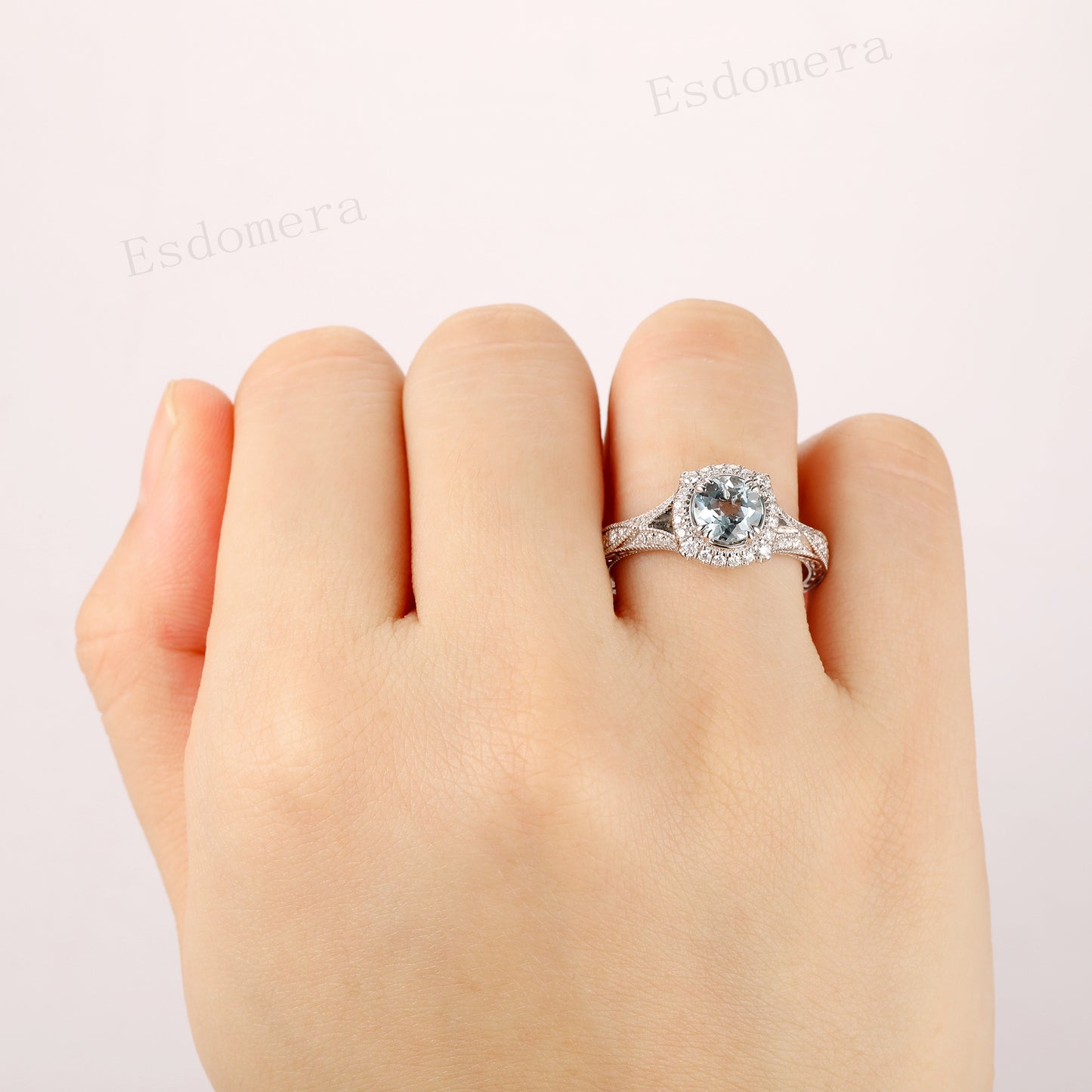 Round Cut 1CT Aquamarine, 14k White Gold Wedding Ring, Engagement Ring, Halo Ring