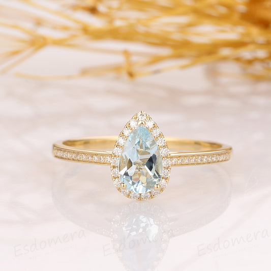 Pear Cut Aquamarine Ring, Drop Shape 5x8mm Aquamarine Wedding Ring, 14k Yellow Gold Ring