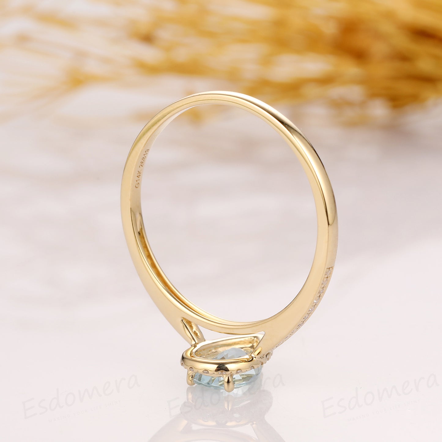 Pear Cut Aquamarine Ring, Drop Shape 5x8mm Aquamarine Wedding Ring, 14k Yellow Gold Ring