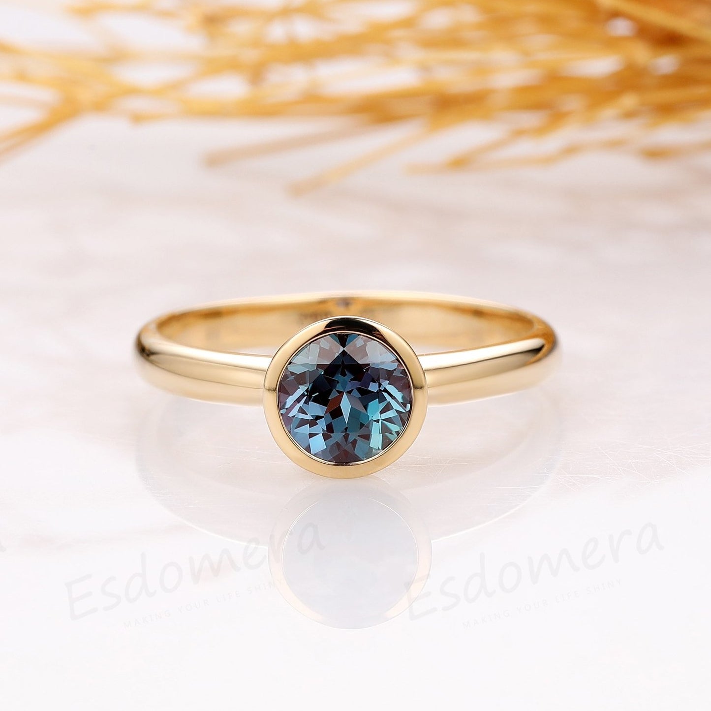 Bezel Set 0.8CT Round Alexandrite Ring, Simple Solitaire 14k Yellow Gold Ring