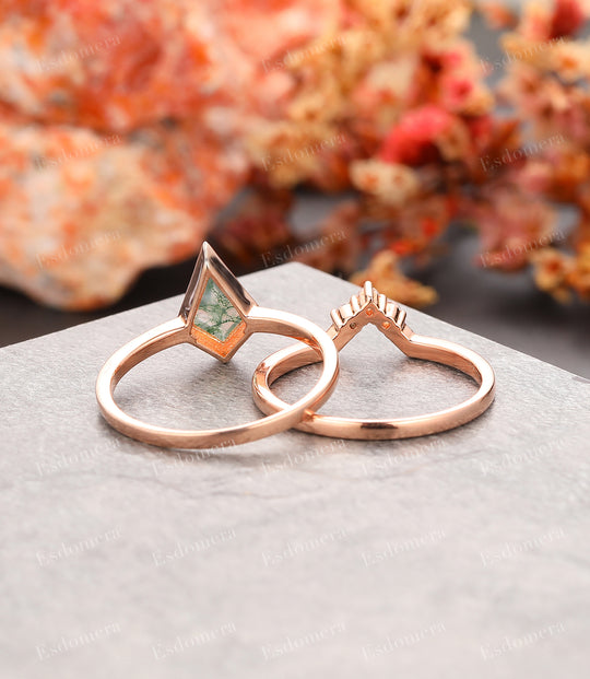 Art Deco Kite Cut 6x9mm Natural Moss Agate Engagement Ring Set, Moissanite Stacking Ring