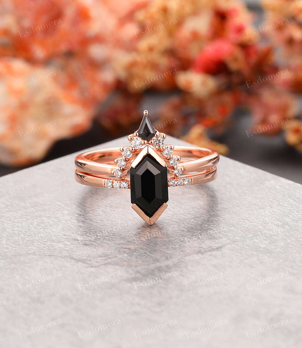 Long Hexagon Cut 5x9mm Black Onyx Engagement Ring Gemstone Bridal Set