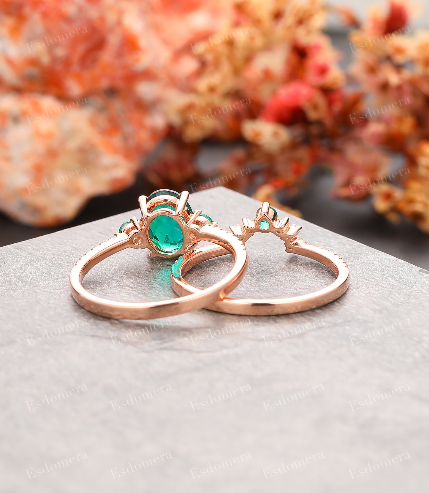 Oval 1.5CT Emerald Bridal Ring Set, May Birthstone Engagement Ring Set, Moissanite Band