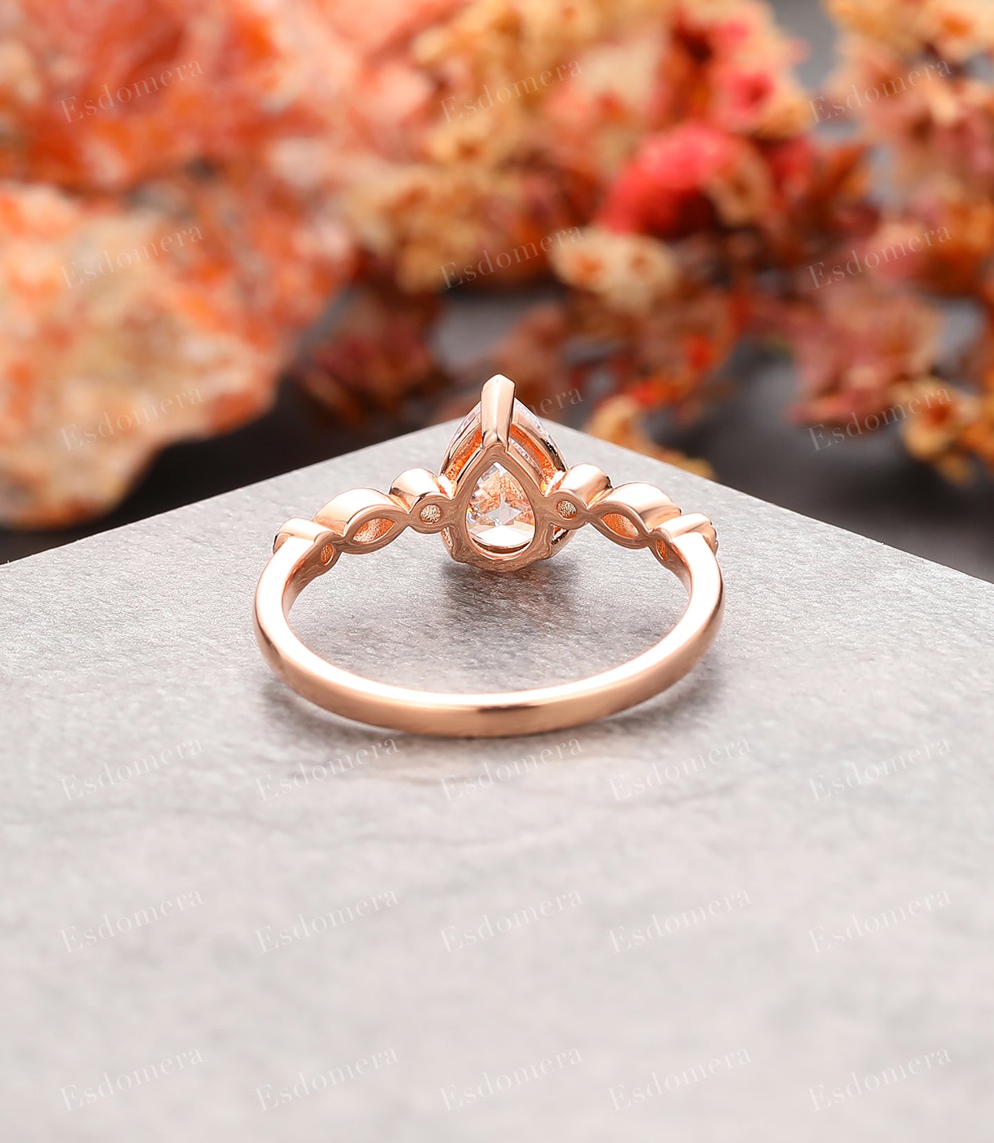 Teardrop Bridal Rings, Milgrain Half Eternity Band Ring, 6x8mm Pear Moissanite Gold Ring