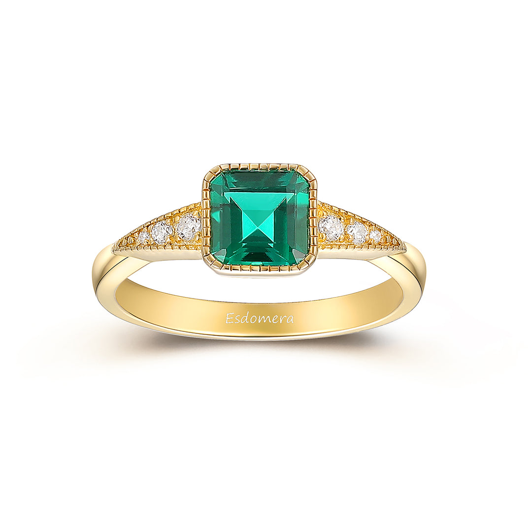 Yellow Gold Asscher Cut Emerald Engagement Ring, Art Deco May Birthstone Ring