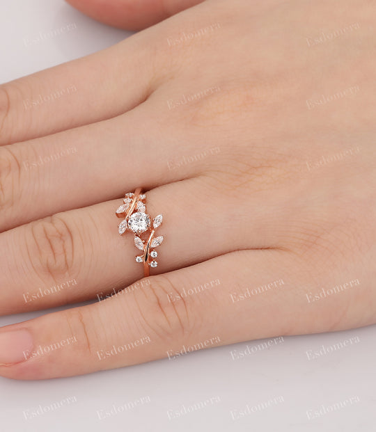 Esdomera Unique Leaf Band Moissanite Engagement Ring, Dainty 4mm Round Cut Moissanite Ring