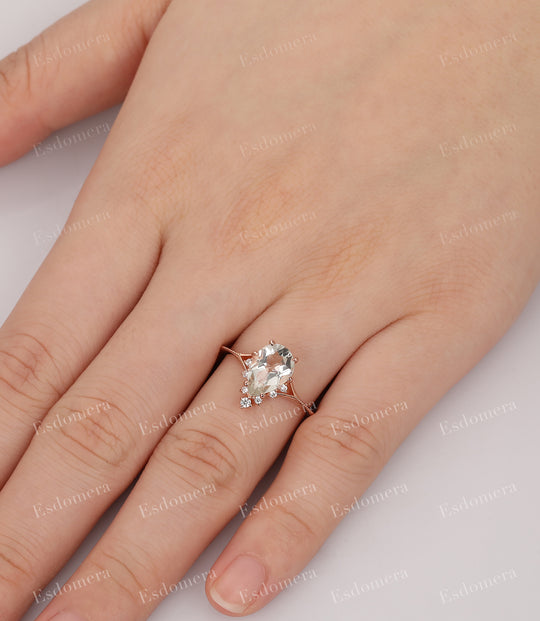 7x10mm Pear Cut Green Crystal Promise Ring For Her, Moissanites Accents Engagement Ring For Women, 14k Rose Gold Mligrain Split Shank Anniversary Ring