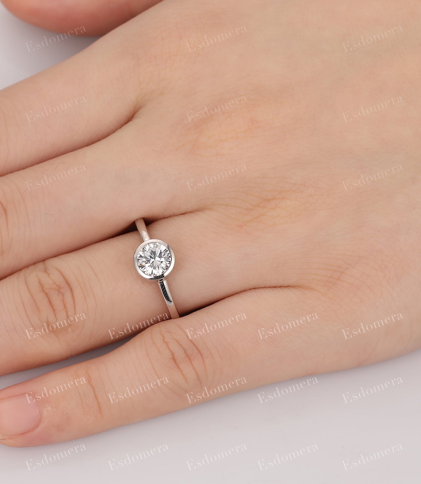 Bezel Set Round Cut 0.8CT Moissanite Promise Solitaire Ring, 14k White Gold Plain Band Engagement Ring