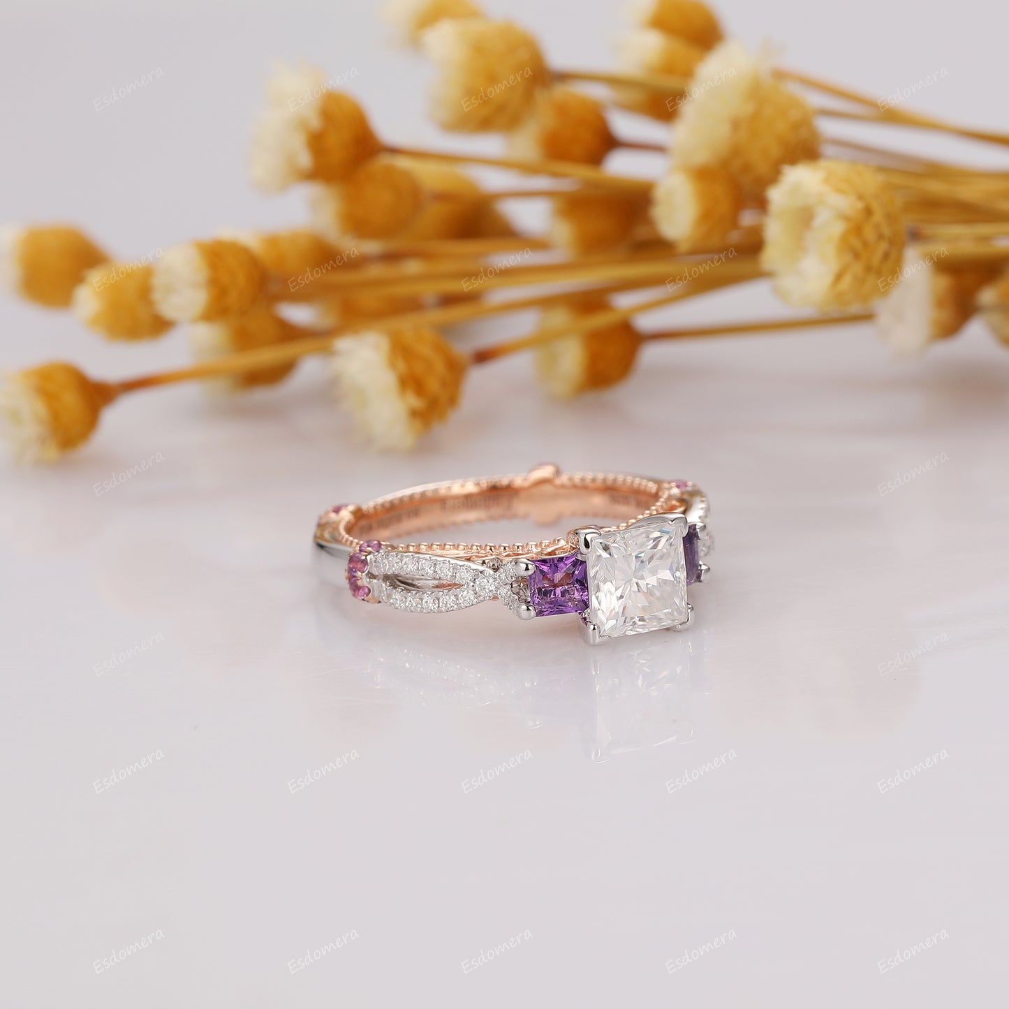 Vintage Two Tone Gold Moissanite Engagement Ring, Princess Cut 1CT Moissanite Bridal Ring