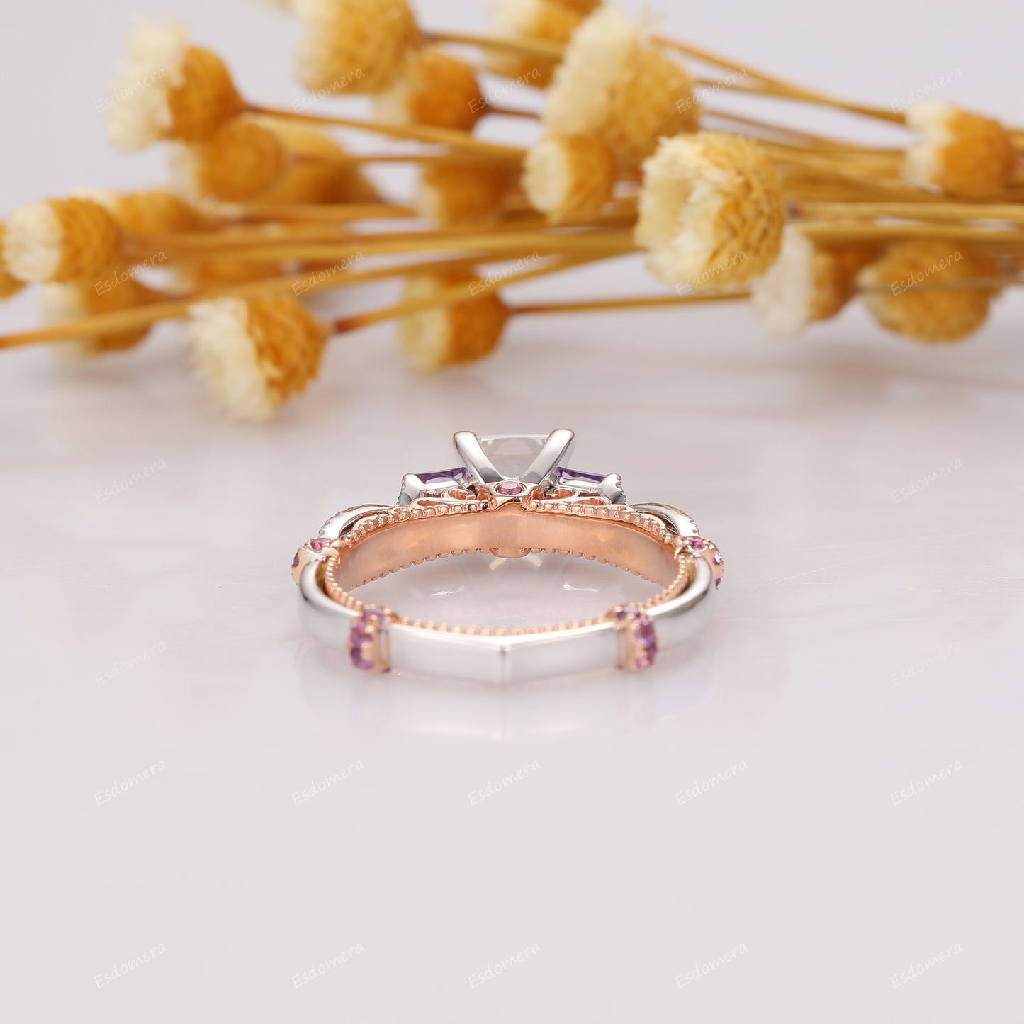 Vintage Two Tone Gold Moissanite Engagement Ring, Princess Cut 1CT Moissanite Bridal Ring