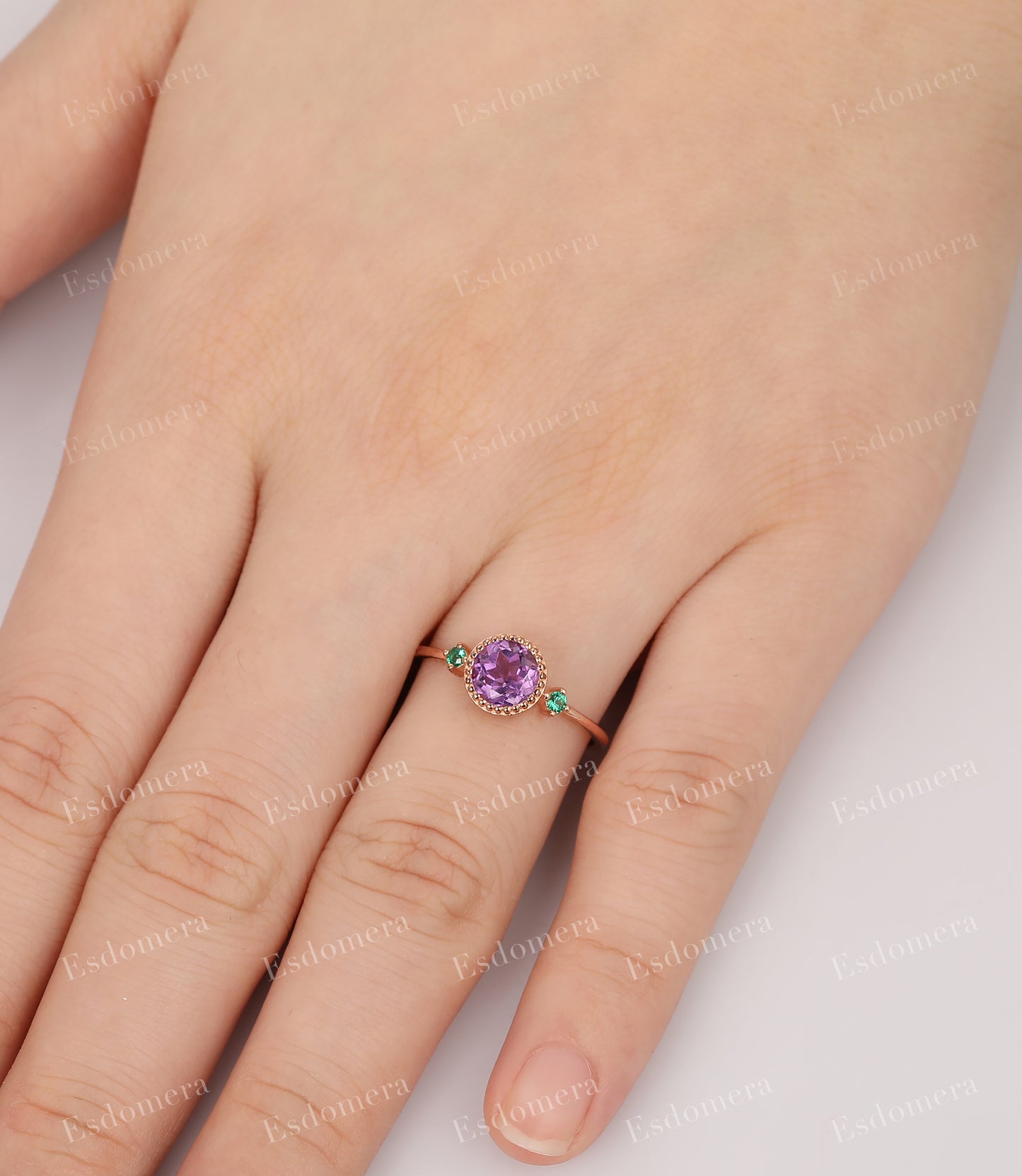 Milgrain Design Wedding Bridal Ring, Round Cut 0.8CT Natural Amethyst Engagement Ring