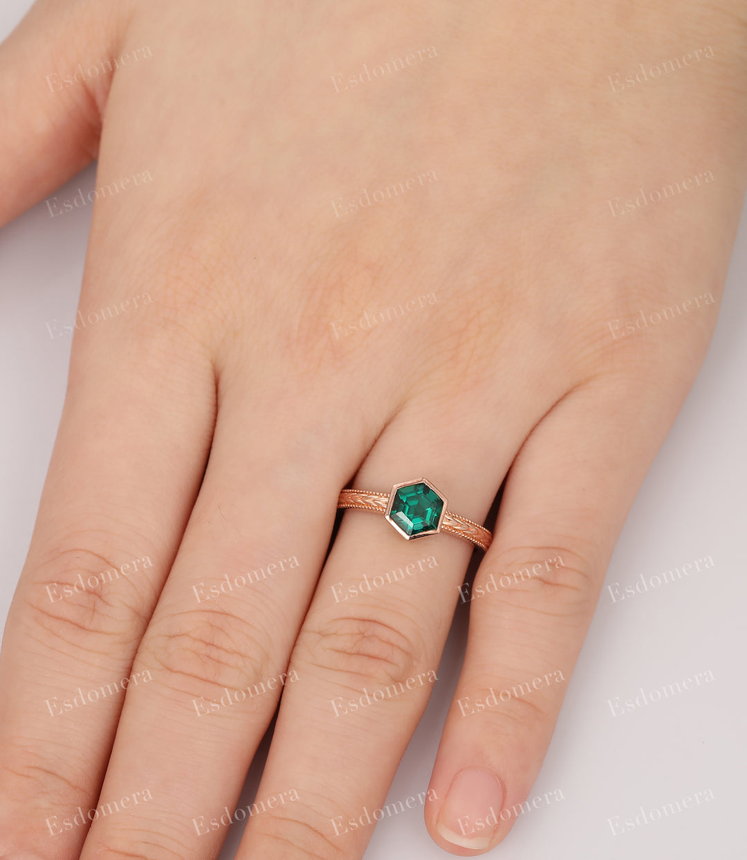 Unique Hexagon Cut 6mm Emerald Engagement Ring, Bezel Setting Solitaire Ring
