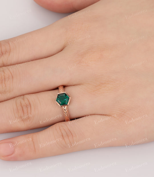 Unique Hexagon Cut 6mm Emerald Engagement Ring, Bezel Setting Solitaire Ring