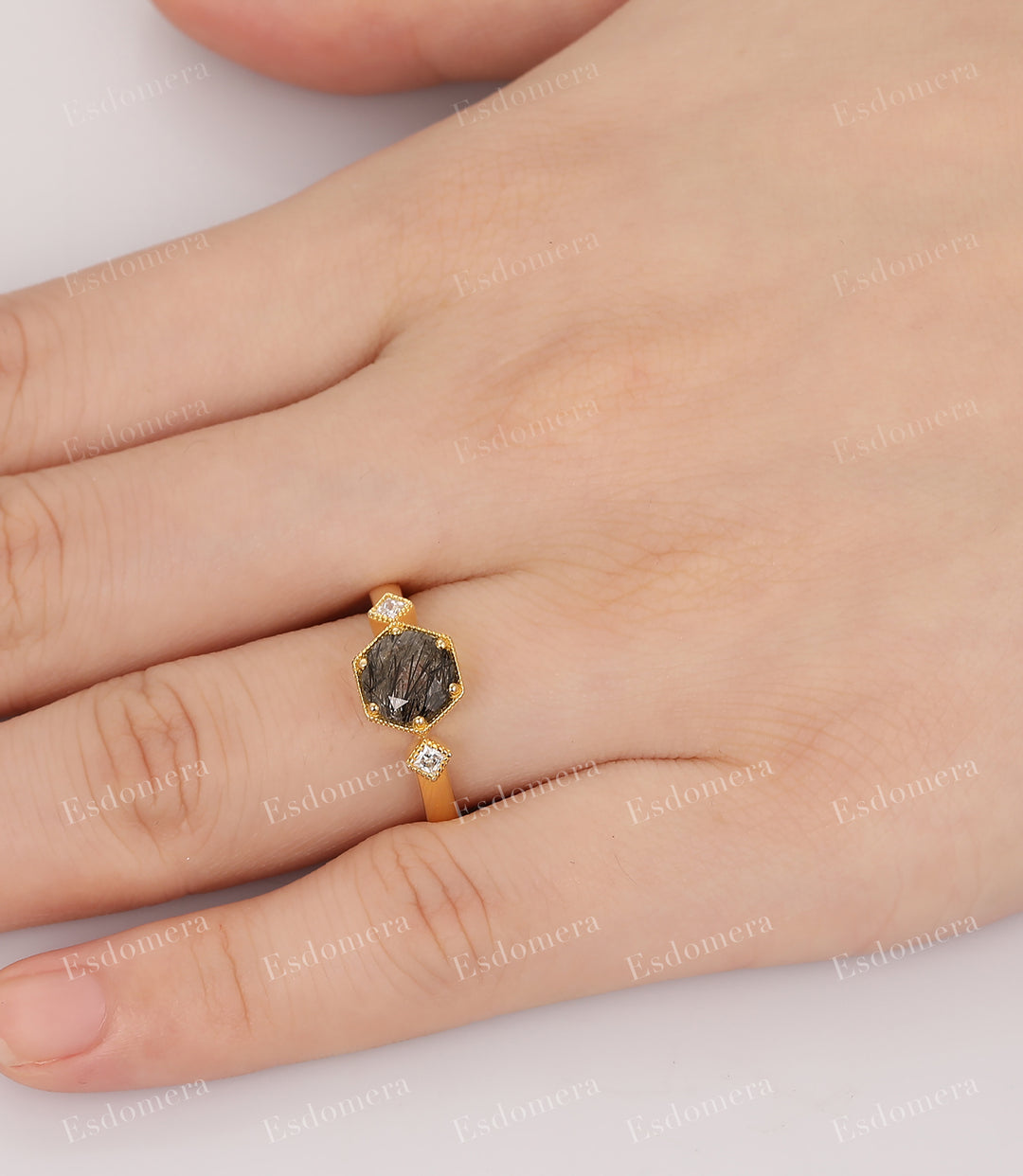 Hexagon Cut 7mm Natural Black Rutilated Quartz Bridal Ring, Moissanite Promise Ring