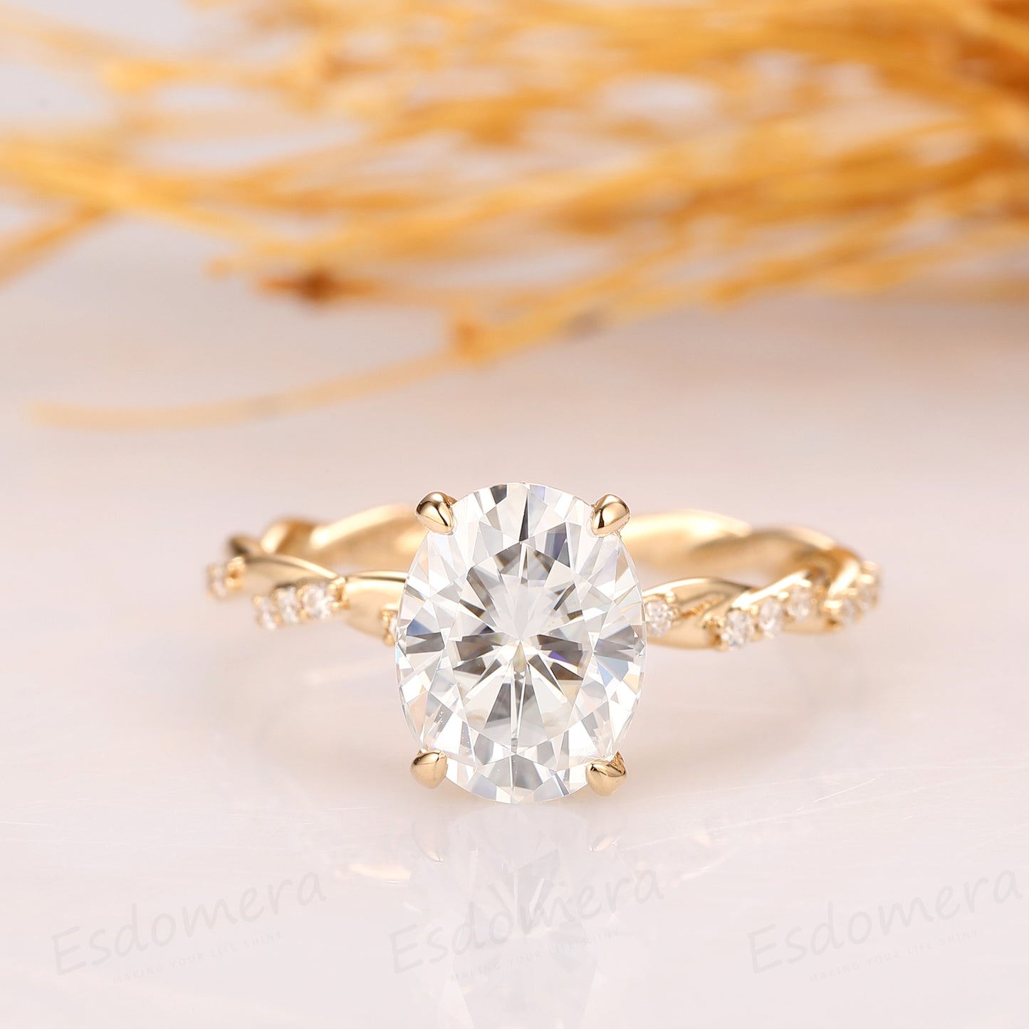2.1CT Oval Cut Hidden Halo Ring, 4 Prongs Ring, Full Twist Band with Half Eternity Moissanite