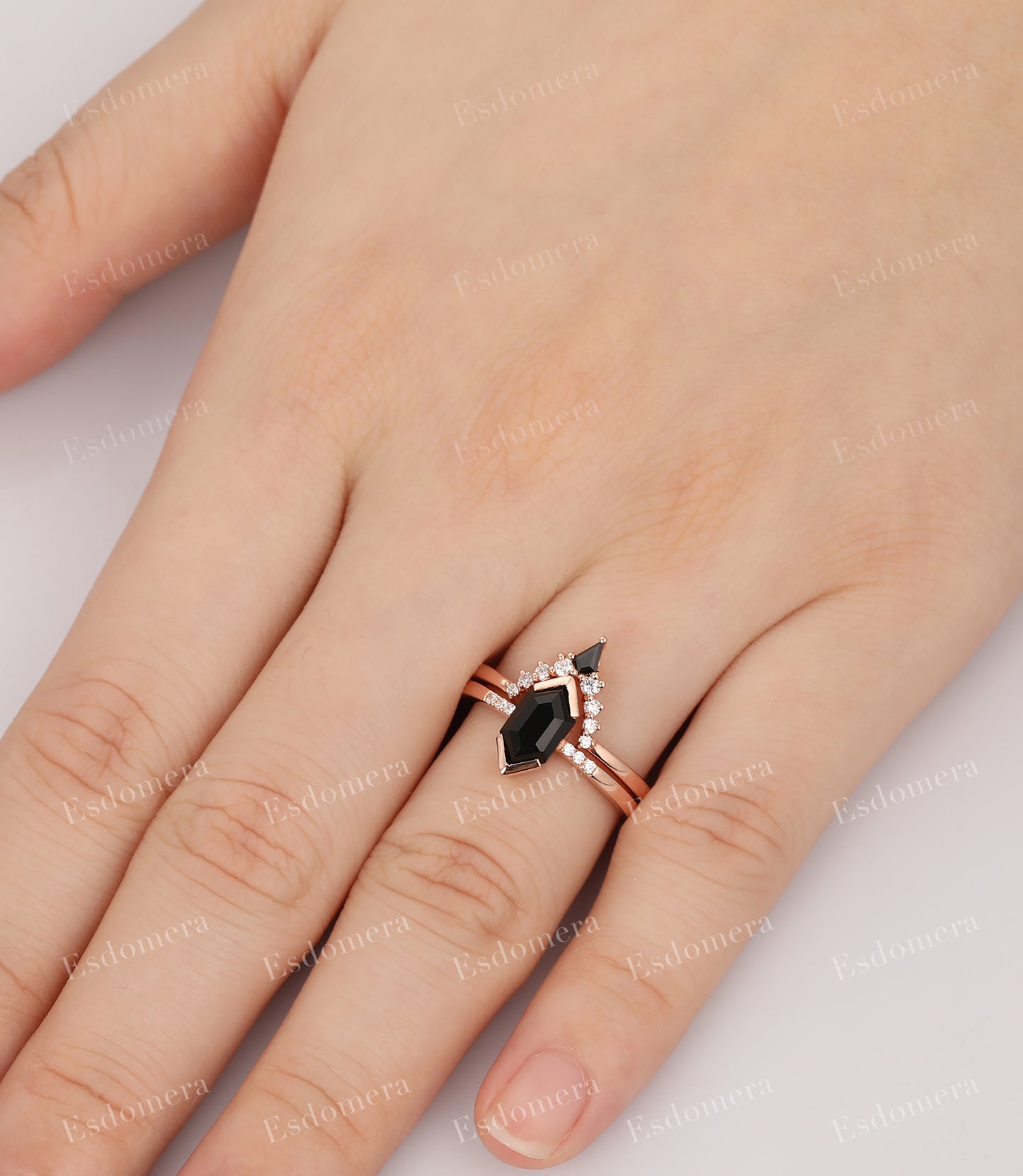 Long Hexagon Cut 5x9mm Black Onyx Engagement Ring, Women Vintage Gemstone Bridal Jewelry