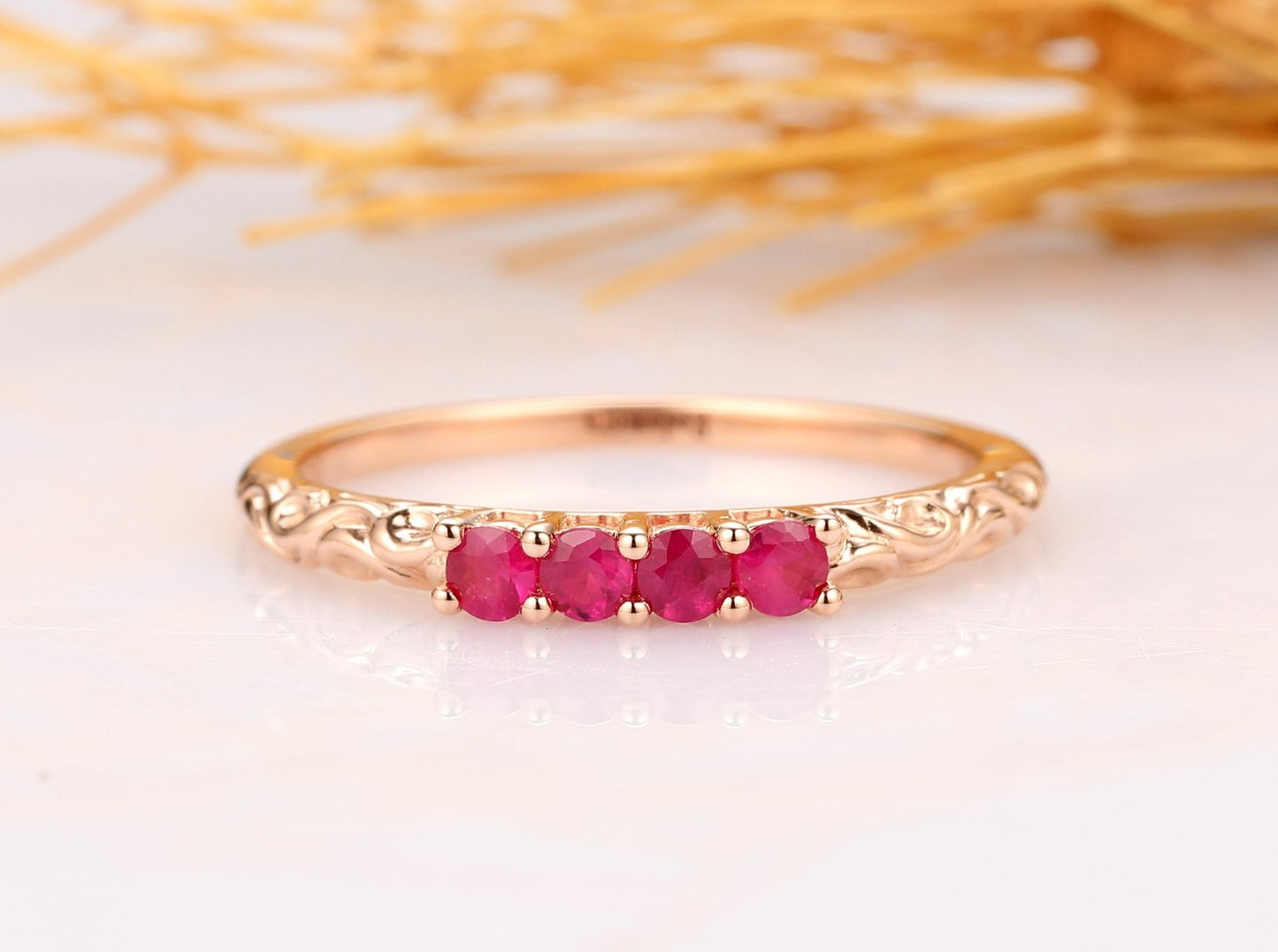 Natural Red Ruby Ring, 14k Rose Gold Wedding Band, Real Gemstone Ring