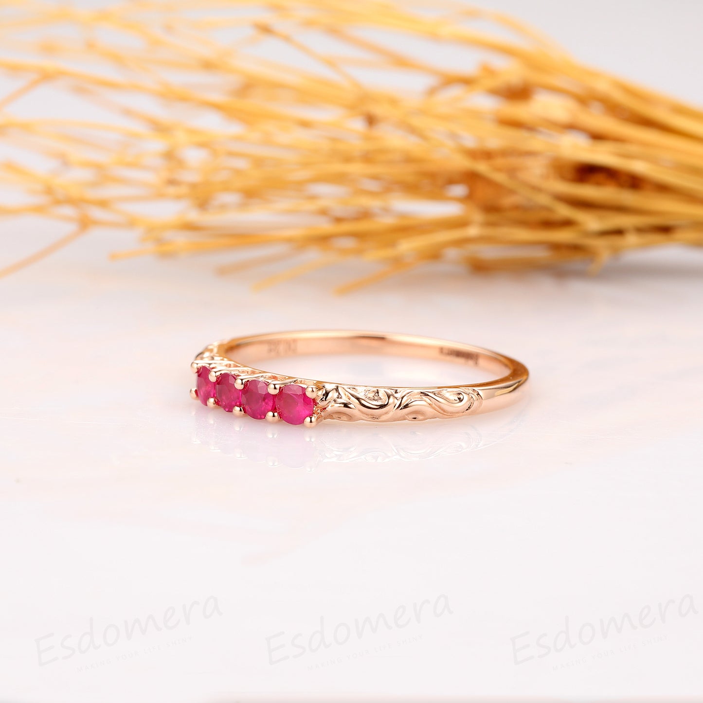 Natural Red Ruby Ring, 14k Rose Gold Wedding Band, Real Gemstone Ring
