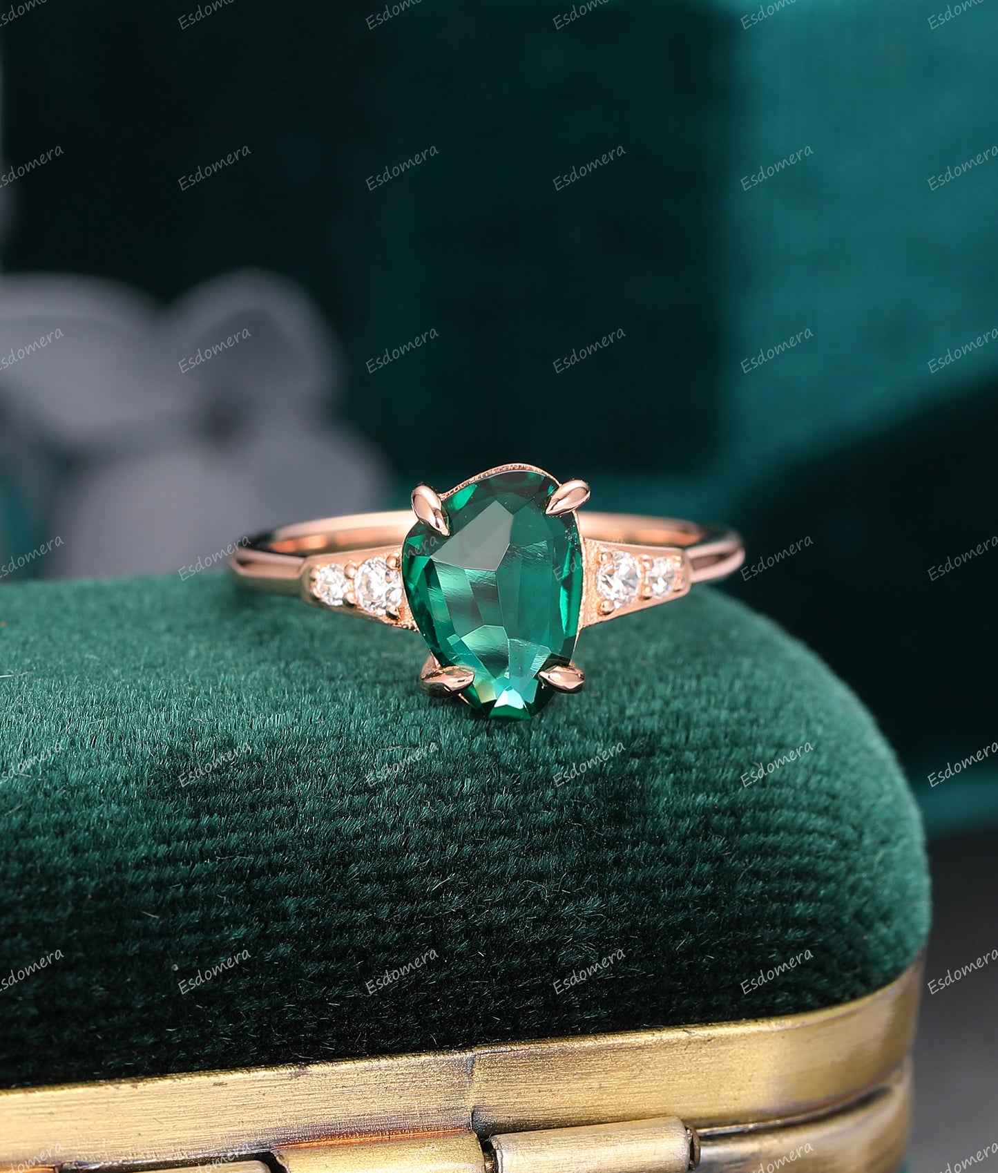 7x10mm Irregular Shaped Emerald Engagement Ring, Moissanite Accents Ring, Soild 14K Gold Vintage Unique Wedding Ring