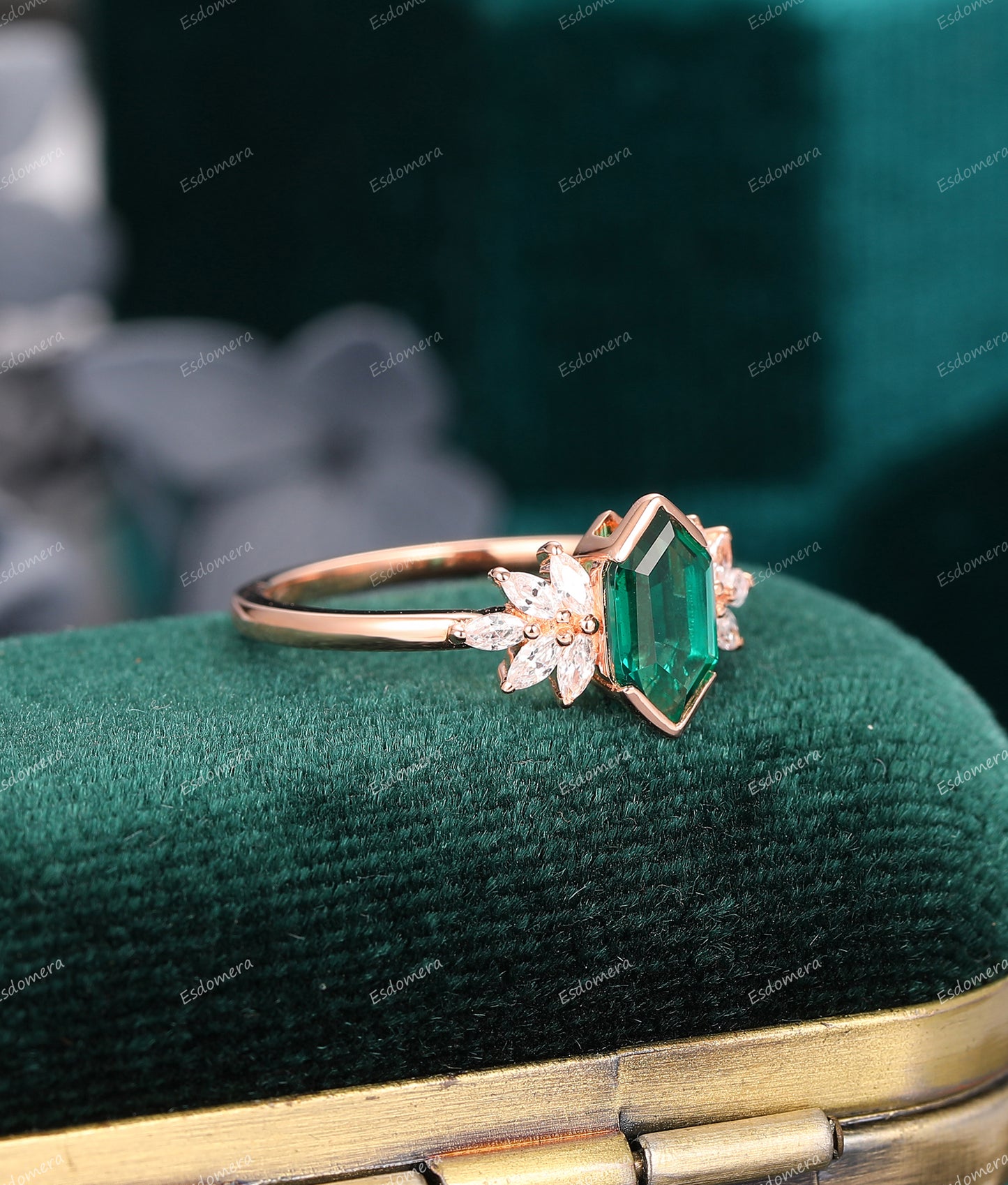 Art Deco Long Hexagon Cut 1.1CT Emerald Engagement Ring, Moissanite Anniversary Ring, 14k Rose Gold Proposal Ring For Women