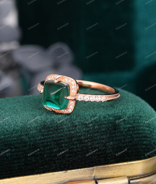 Vintage Cushion Sugar Loaf Cut 7mm Emerald Ring, Moissanite Halo Ring, 4 Prong Set 14k Rose Gold Ring For Women