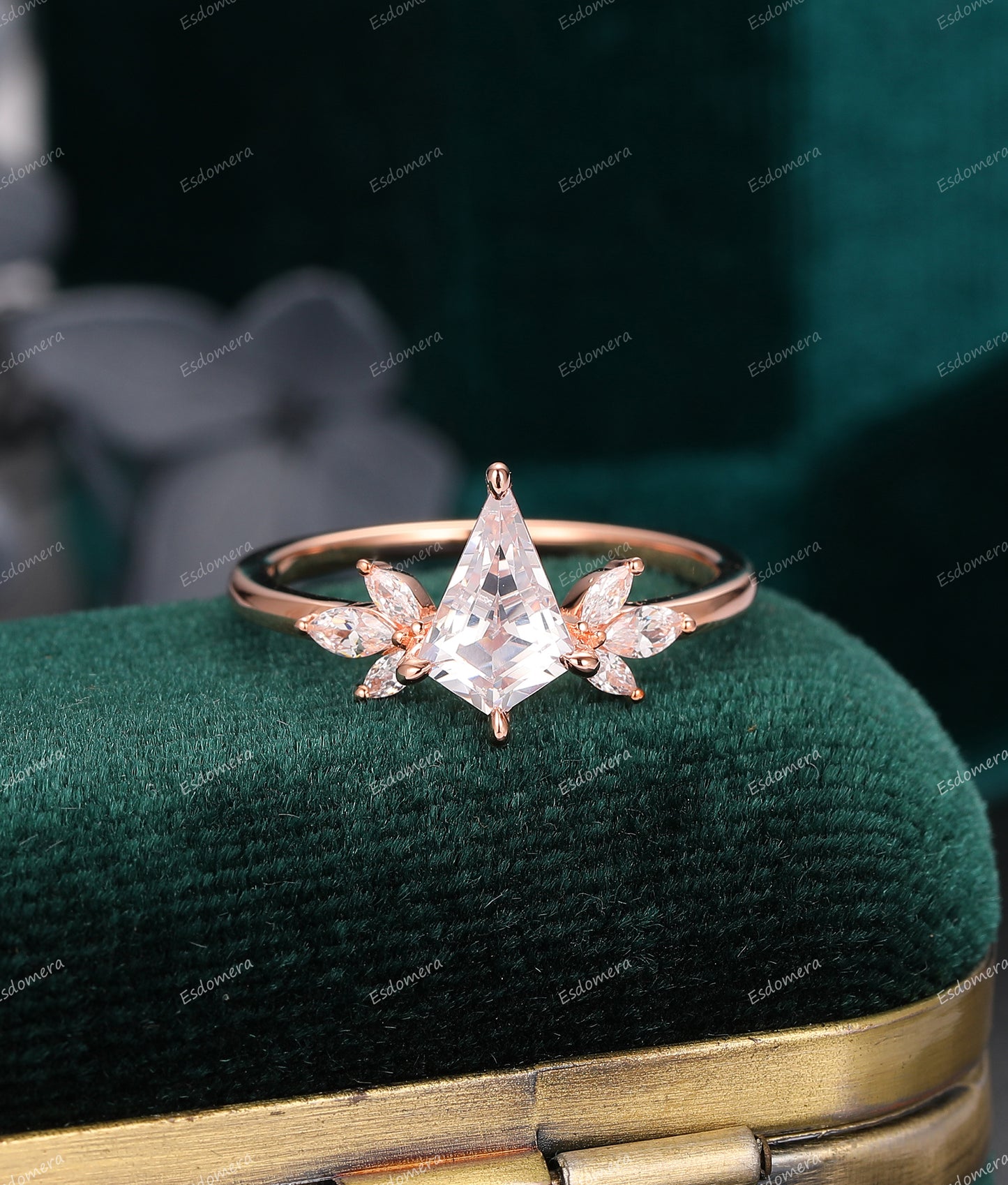 1.35ct Kite Shaped Moissanite Wedding Ring,  Marquise Moissanite Cluster Ring,  14k Rose Gold Art Deco Engagement Ring