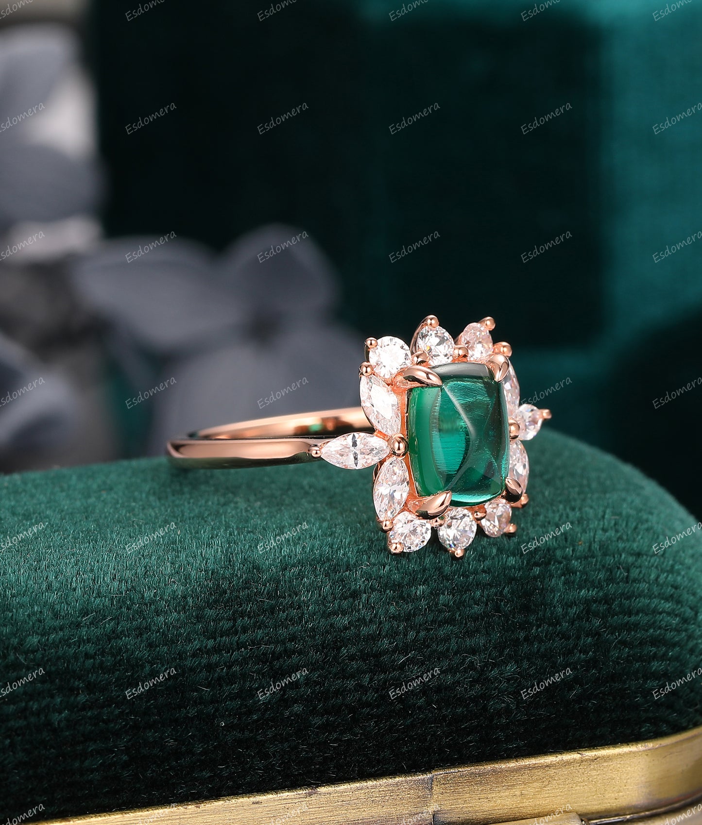 Vintage 1.80CT Long Cushion Sugar Load Cut Emerald Ring, Prong Set Ring, Moissanite Floral Halo Ring, Art Deco 14k Soild Gold Ring For Women