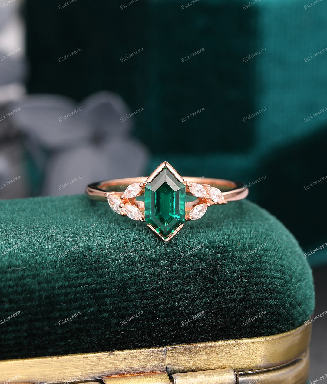 Hexagon Cut 1.1CT Emerald Engagement Ring, Moissanite Accents Wedding Bridal Ring, 14k Rose Gold Wedding Ring
