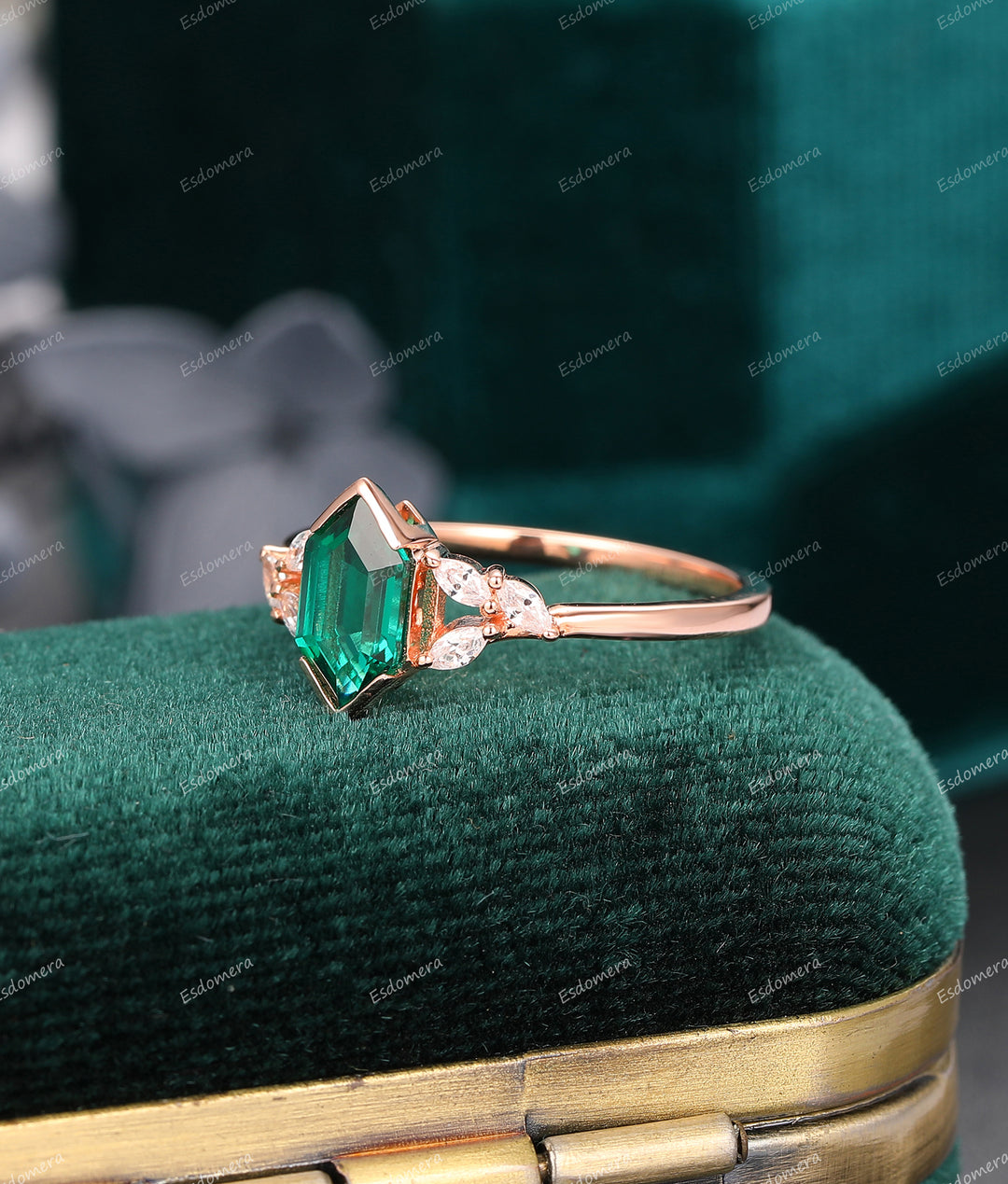Hexagon Cut 1.1CT Emerald Engagement Ring, Moissanite Accents Wedding Bridal Ring, 14k Rose Gold Wedding Ring