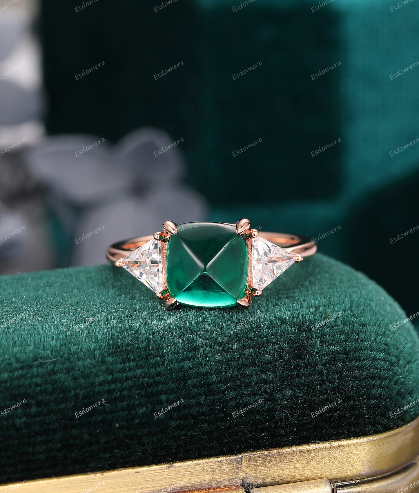 Triangle Moissanite Bridal Ring, Cushion Sugar Load Cut 8mm Emerald Promise Ring, Art Deco 14k Soild Gold Ring, Anniversary Gift For Her