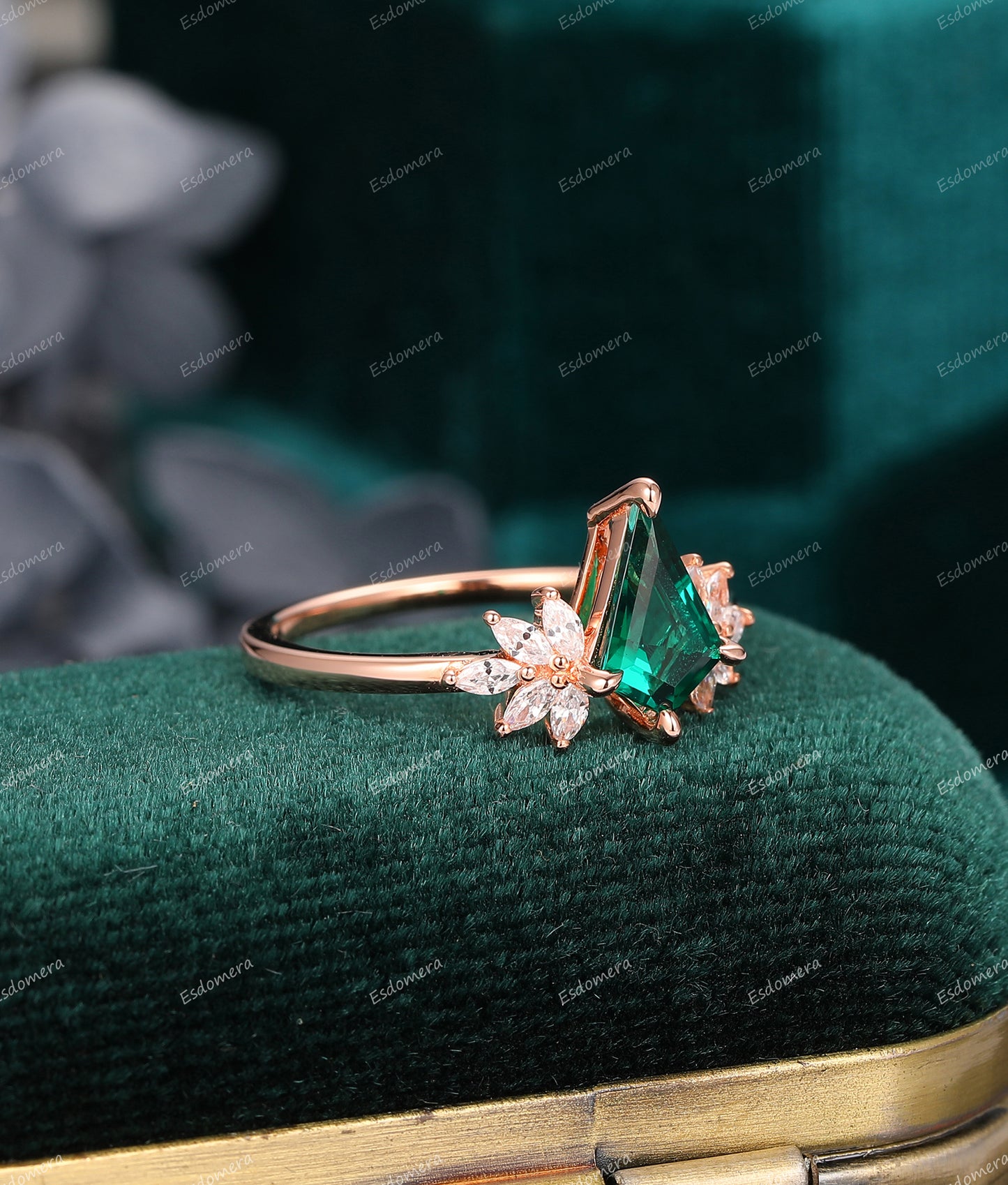 Kite Shaped 1.35CT Emerald Engagement Ring, Marquise Moissanite Art Deco Ring, 14k Rose Gold Wedding Moissanite Ring