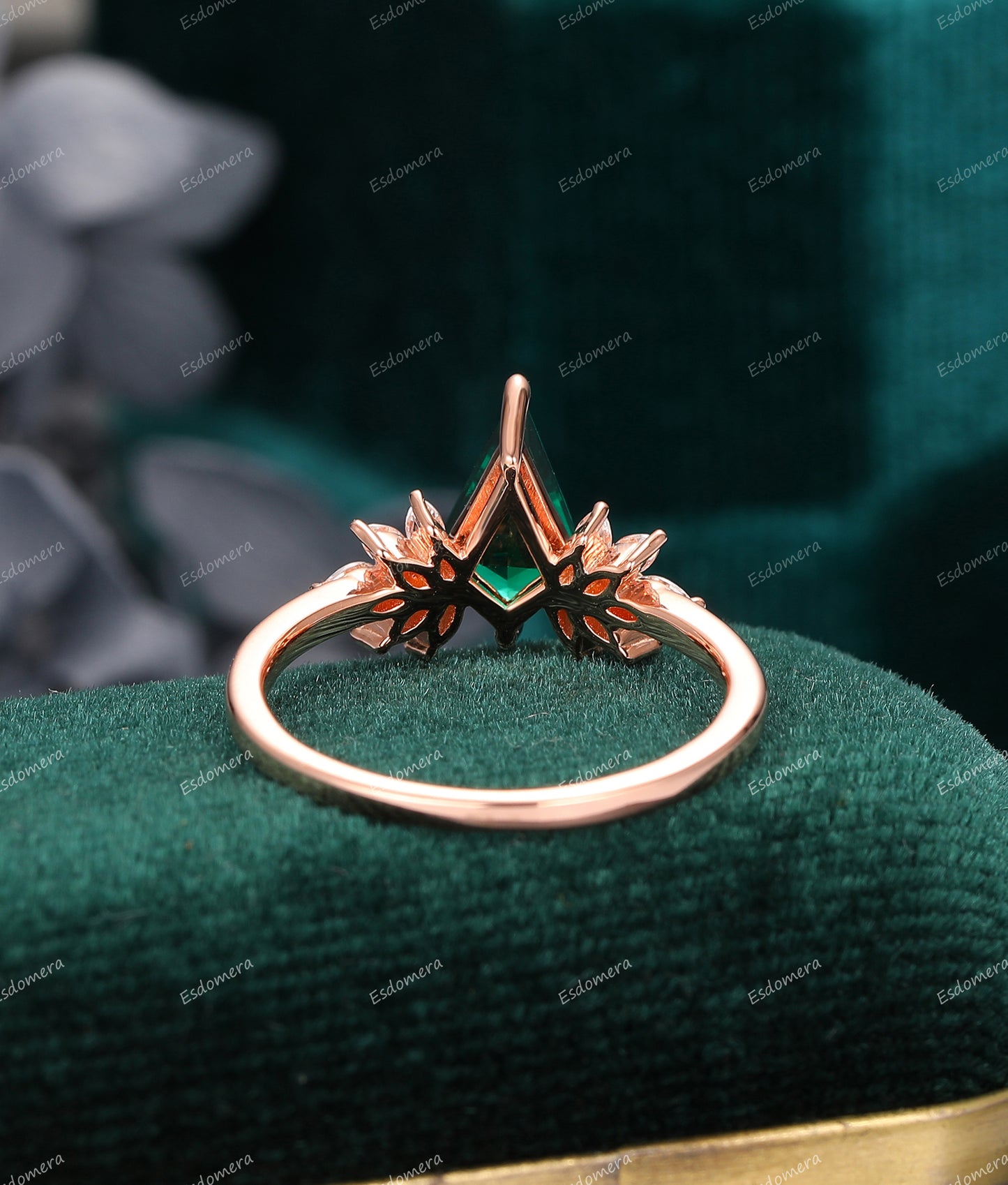 Kite Shaped 1.35CT Emerald Engagement Ring, Marquise Moissanite Art Deco Ring, 14k Rose Gold Wedding Moissanite Ring