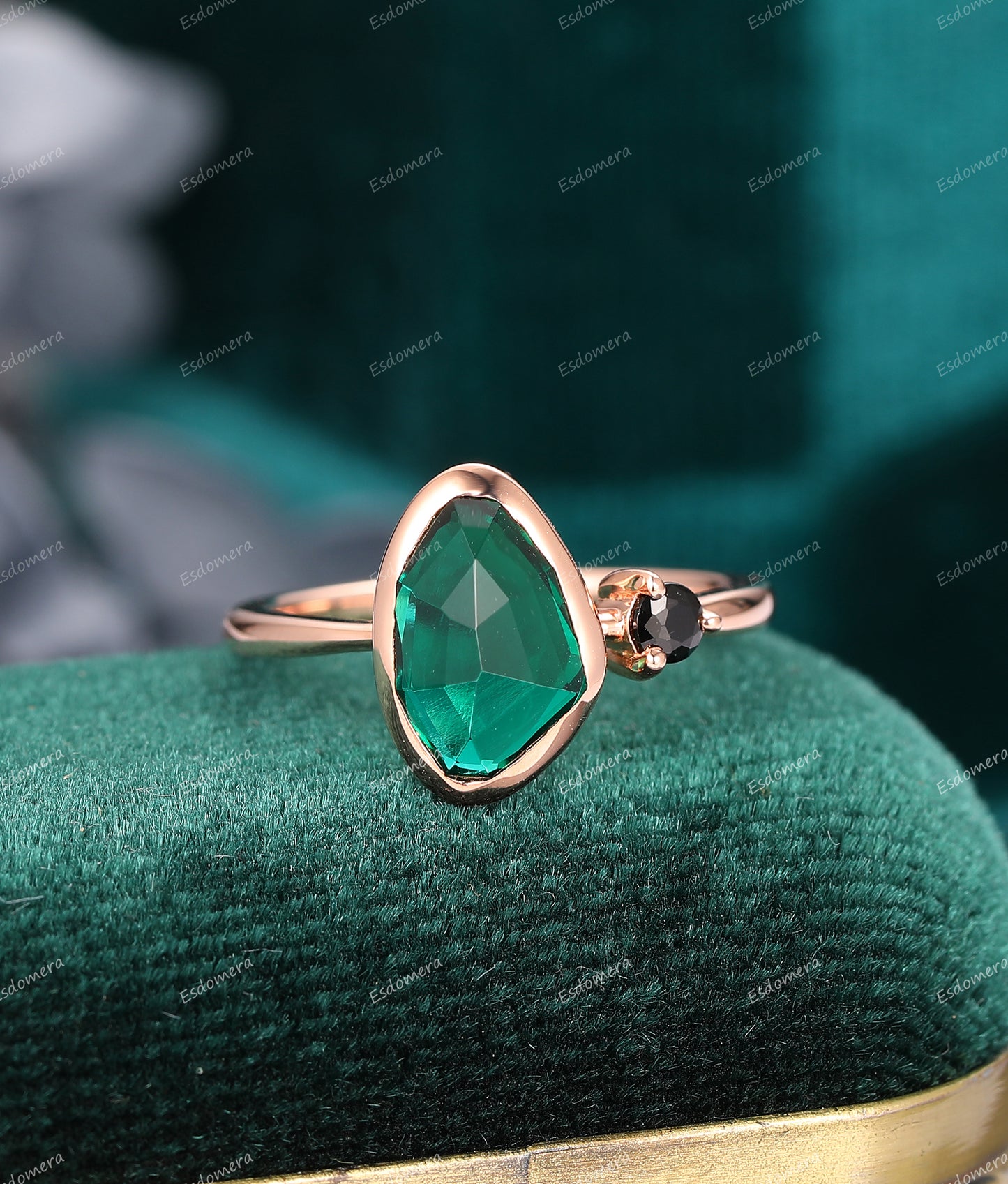 7x11mm Irregular Shaped Emerald Engagement Ring, Bezel Set Wedding Ring, Natural Black Spinel Accent Ring, Classic 14k Solid Gold Ring