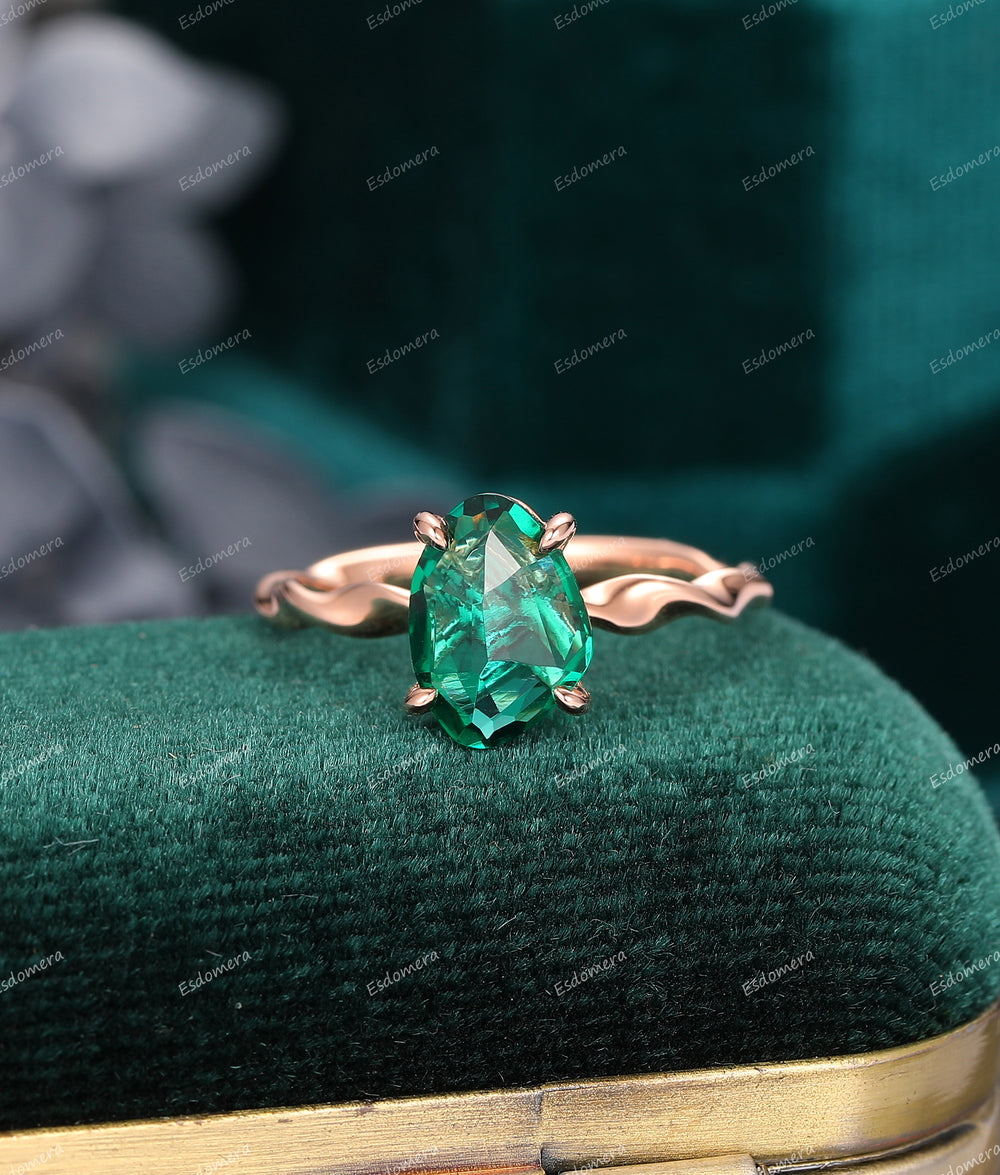 2CT Irregular Cut Emerald Engagement Ring, 14K Rose Gold May Birthstone Solitaire Ring, Unique Wedding Ring