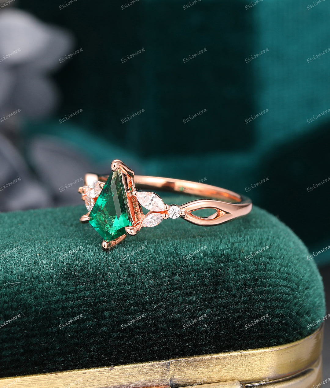 Kite Cut 1.35CT Green Emerald Engagement Ring, Cross Band Bridal Ring, 14K Rose Gold Statement Ring For Her