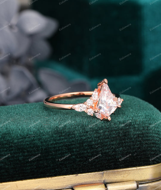 Vintage 1.35ct Kite Shaped Engagement Ring, Marquise Moissanite Cluster Ring, Sparkling Moissanite Rose Gold Ring