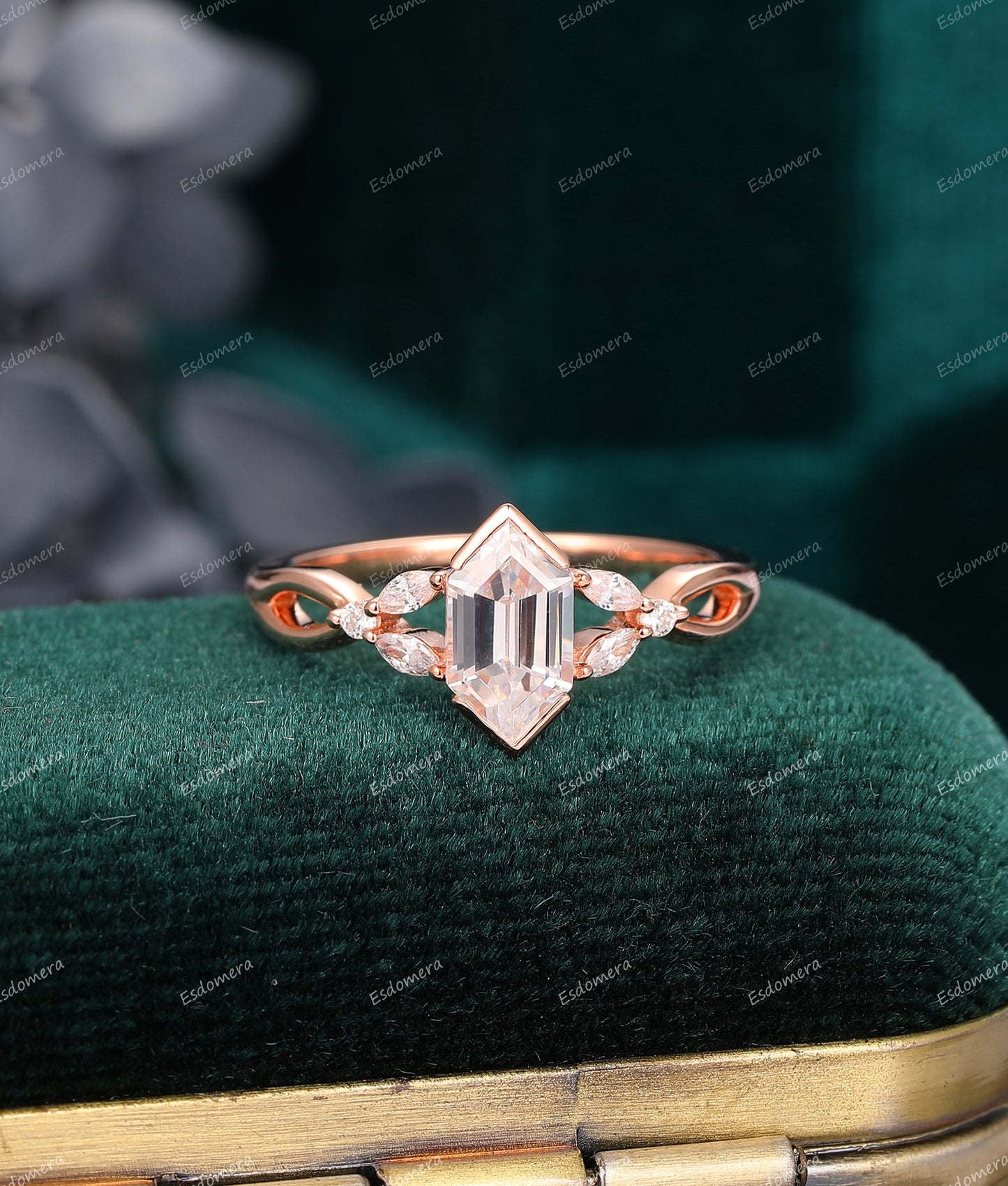 14K Gold 1.1CT Hexagon Cut Moissanite Engagement Ring, Unique Cross Band Wedding Ring