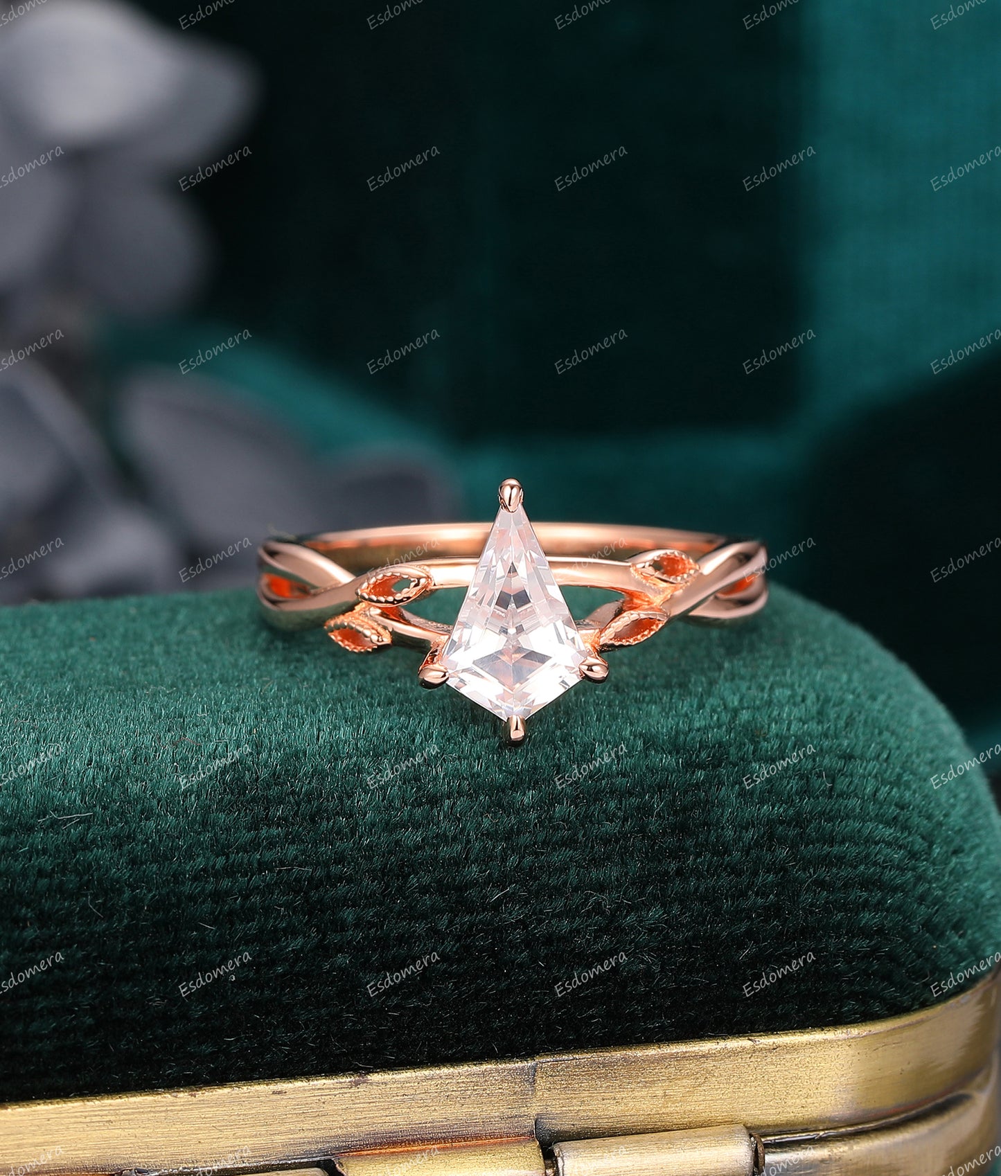 1.35CT Kite Shape Moissanite Engagement Ring, Leaf Cross Band Ring, 14k Rose Gold Solitaire Wedding Ring