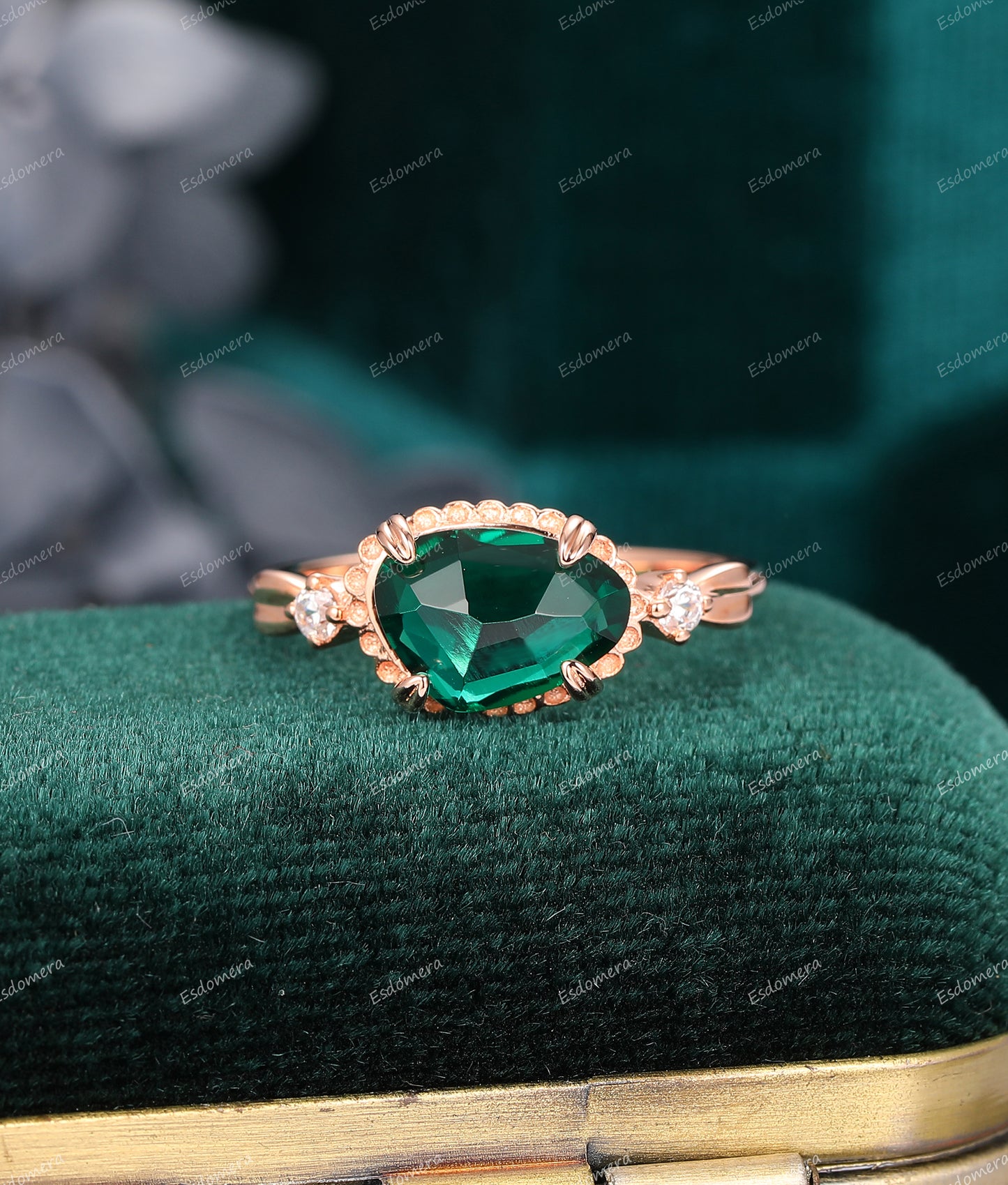 Art Deco 7x10mm Irregular Shaped Emerald Wedding Ring, Solid 14K Gold Moissanite Rose Gold Engagement Ring, Birthday Gift