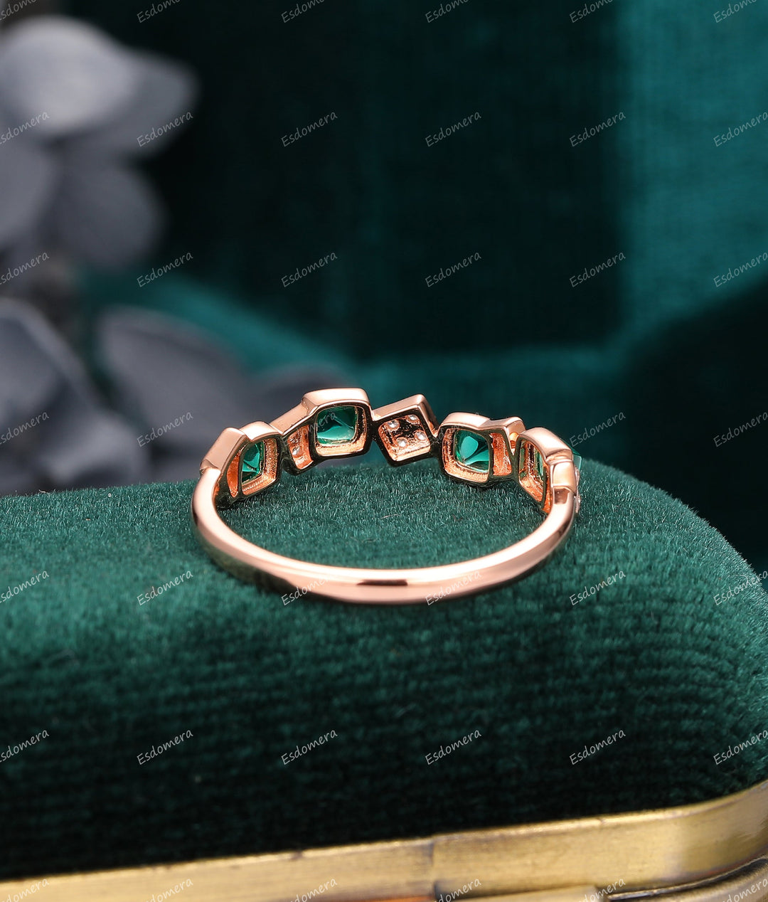 0.80CT Sugar Loaf Cut 3MM Emerald Ring Moissanite Half Eternity Ring