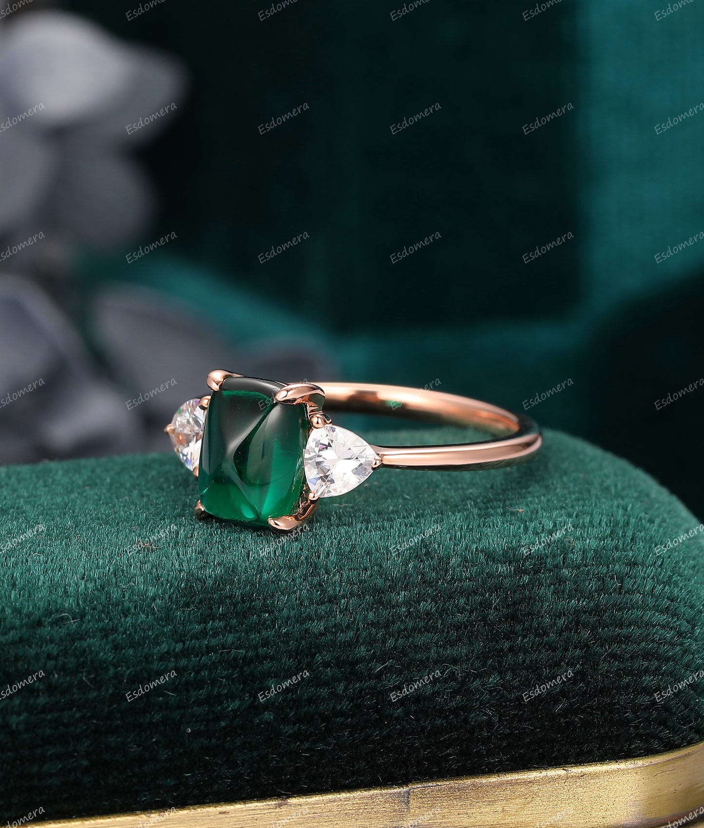 Vintage 1.80CT Long Cushion Sugar Loaf Cut Emerald Bridal Ring, Trillion Moissanite Ring, Art Deco 14k Rose Gold Engagement Ring