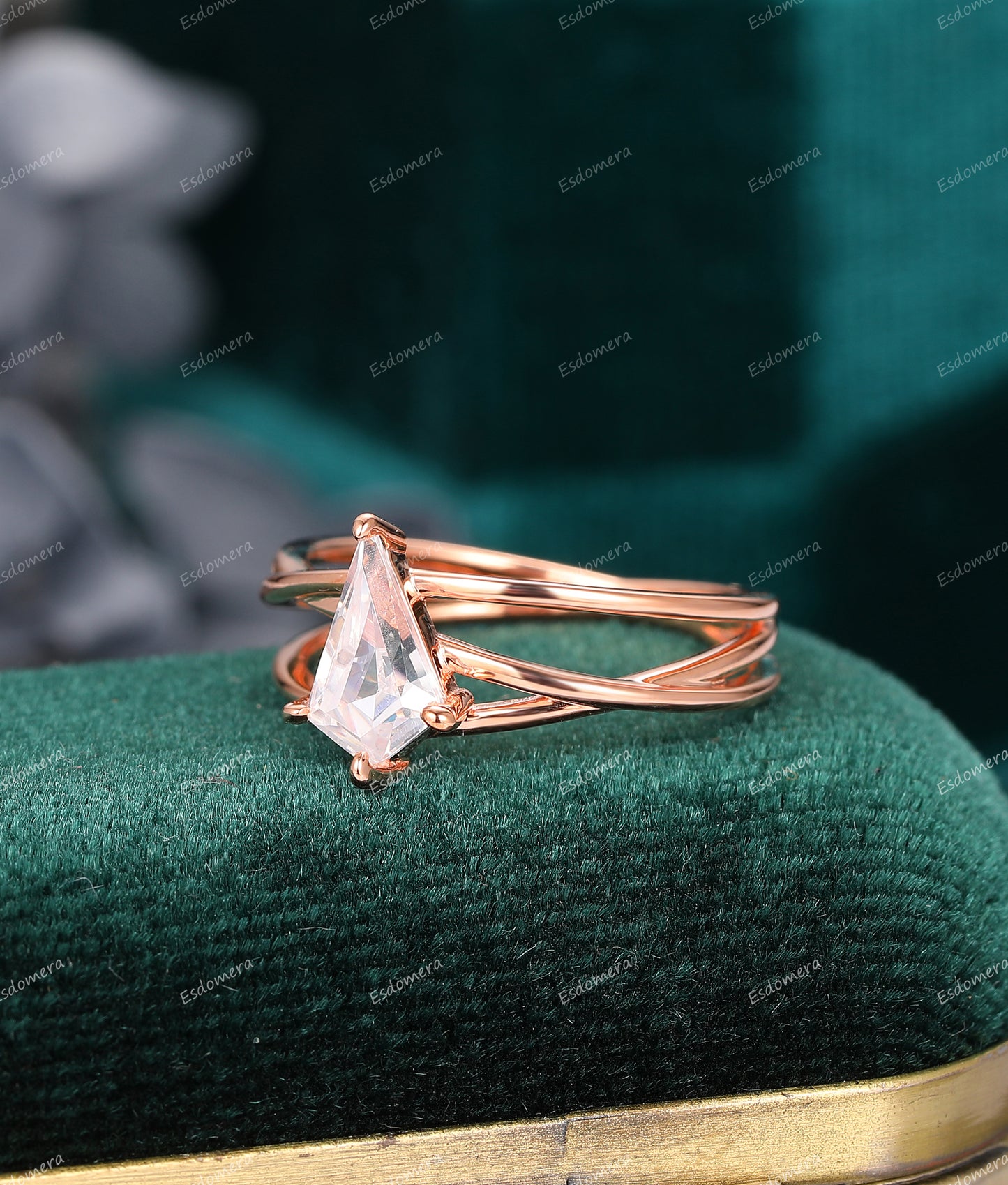 Art Deco 1.35CT Kite Cut Moissanite Ring, 14k Rose Gold Solitaire Ring, Unique Anniversary Gift For Her