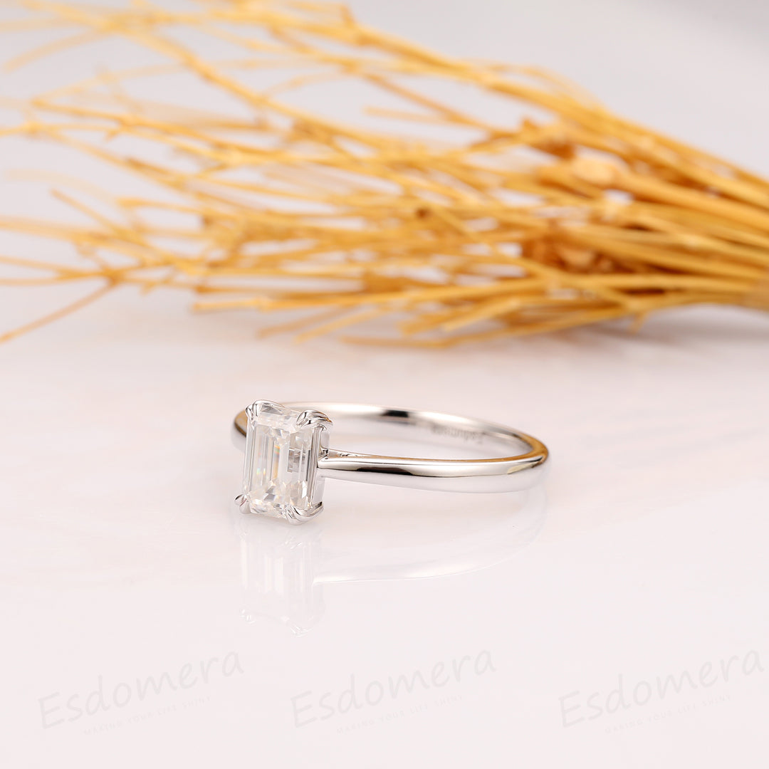 1CT Emerald Cut Moissanite Engagement Ring, 14k White Gold Bridal Wedding Ring