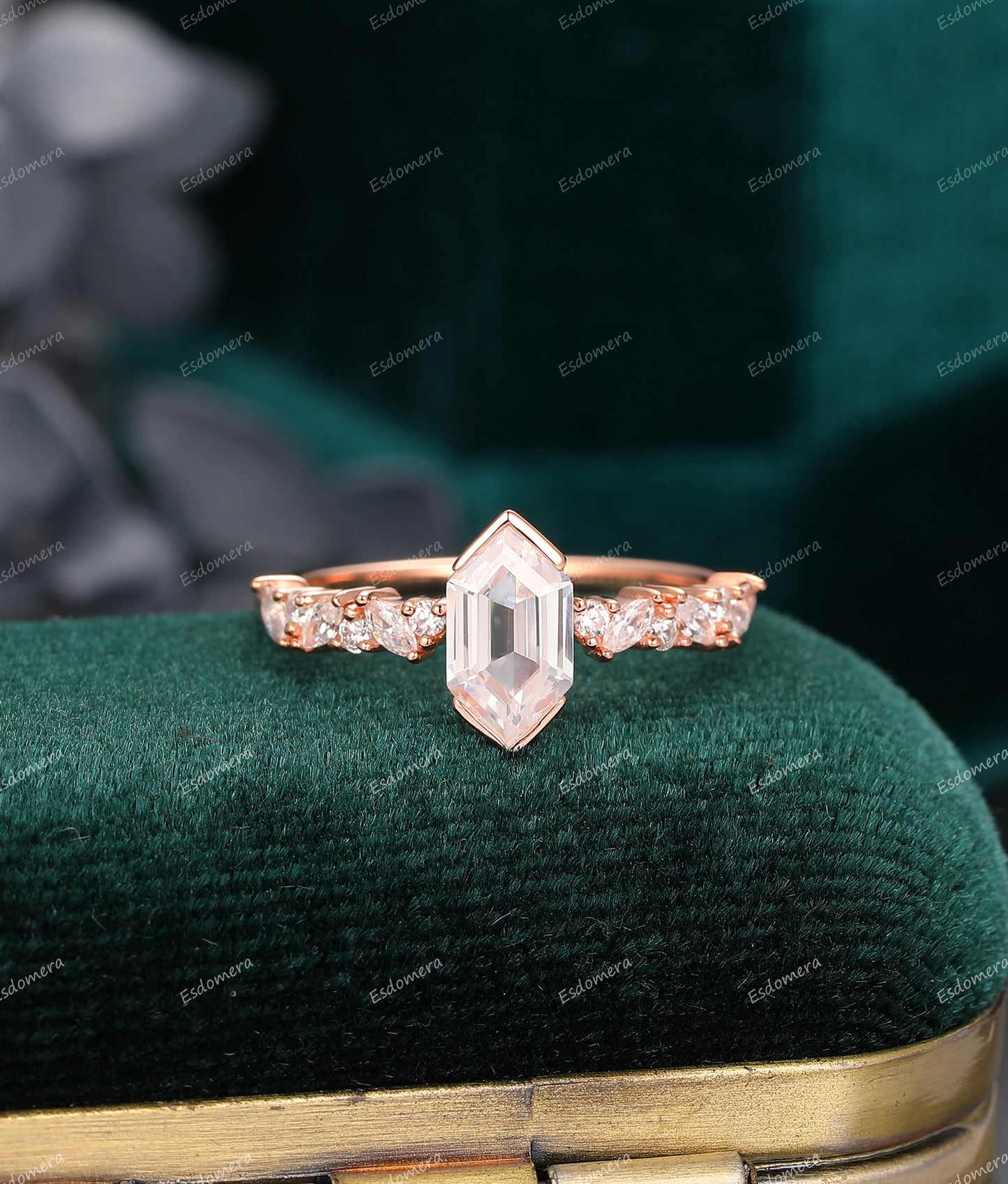 Unique 1.10CT Long Hexagon Cut Moissanite Ring, Marquise Moissanite Half Eternity Ring, 14k Rold Ring For Women, Bridal Promise Ring