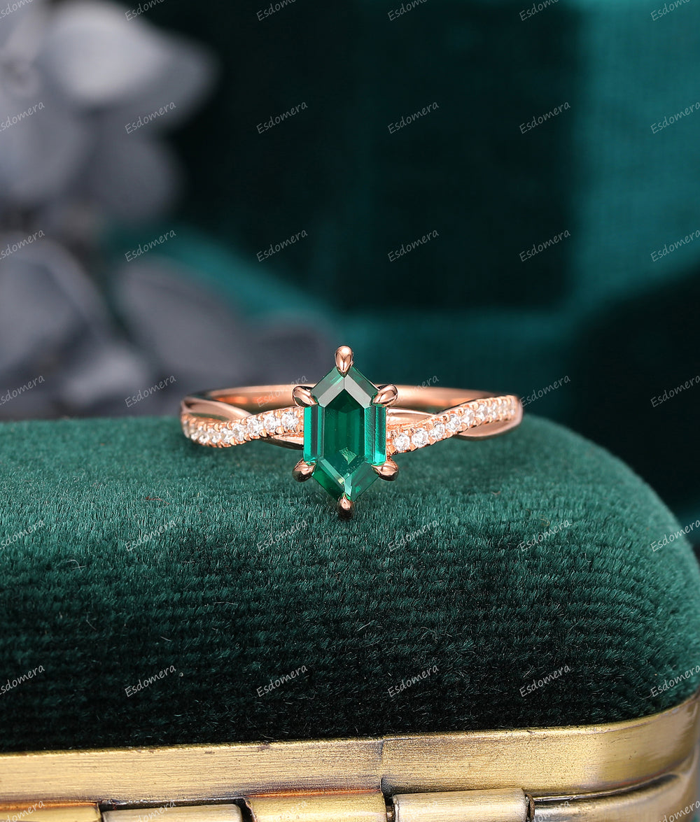 Moissanite Cross Band Rose Gold Ring, 1.1 CT Long Hexagon Cut Emerald Engagement Ring, 6 Prongs Set Ring, Promise Ring For Lover
