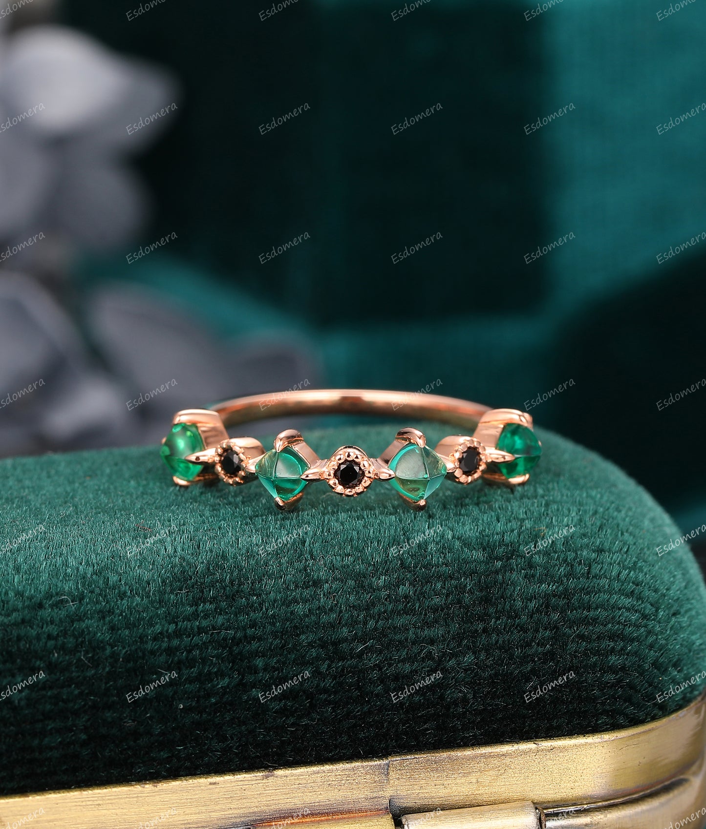 Cushion Shaped 3mm Sugar Loaf Cut Emerald Ring, 14K Soild Gold Natural Black Spinel Ring, Half Eternity Ring