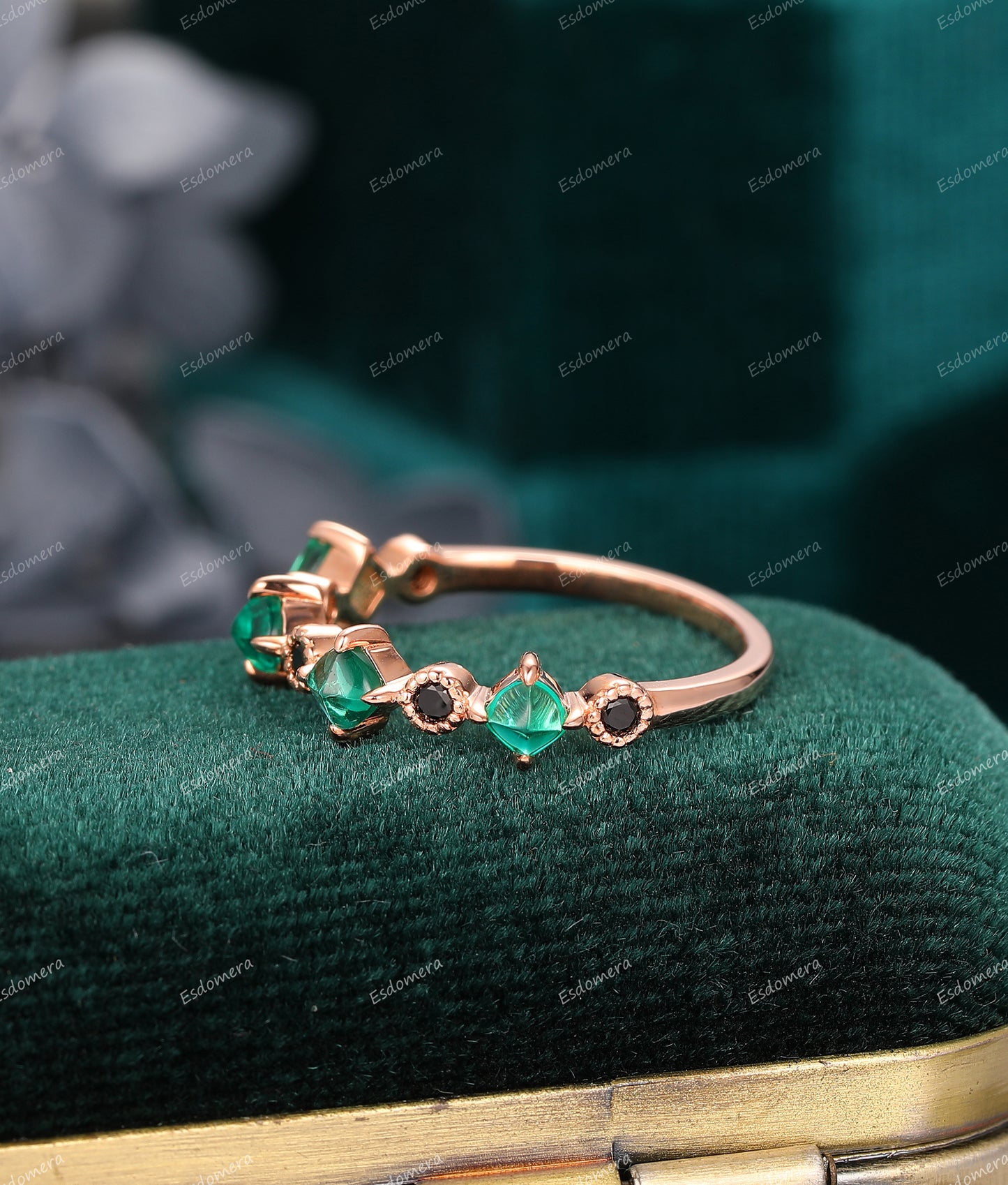 Cushion Shaped 3mm Sugar Loaf Cut Emerald Ring, 14K Soild Gold Natural Black Spinel Ring, Half Eternity Ring
