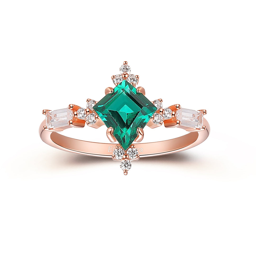 Art Deco Kite Cut 1.5CT Emerald Engagement Ring, 14K Rose Gold Moissanite Cluster Ring